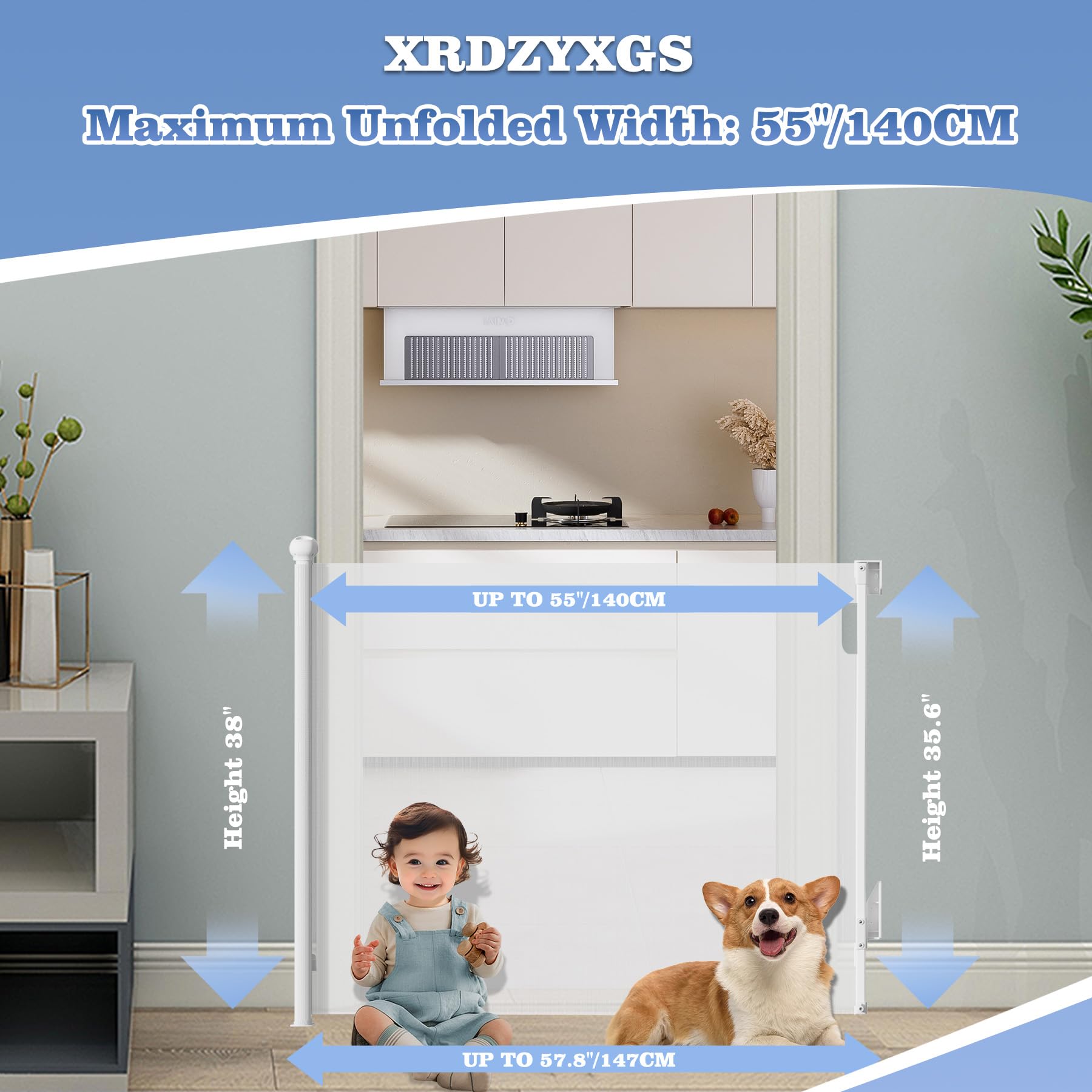 XRDZYXGS retractable gate extended across a doorway ensures easy child and pet separation.