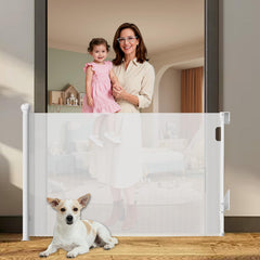 XRDZYXGS retractable baby gate on stairs offers wide coverage for safe stair access.