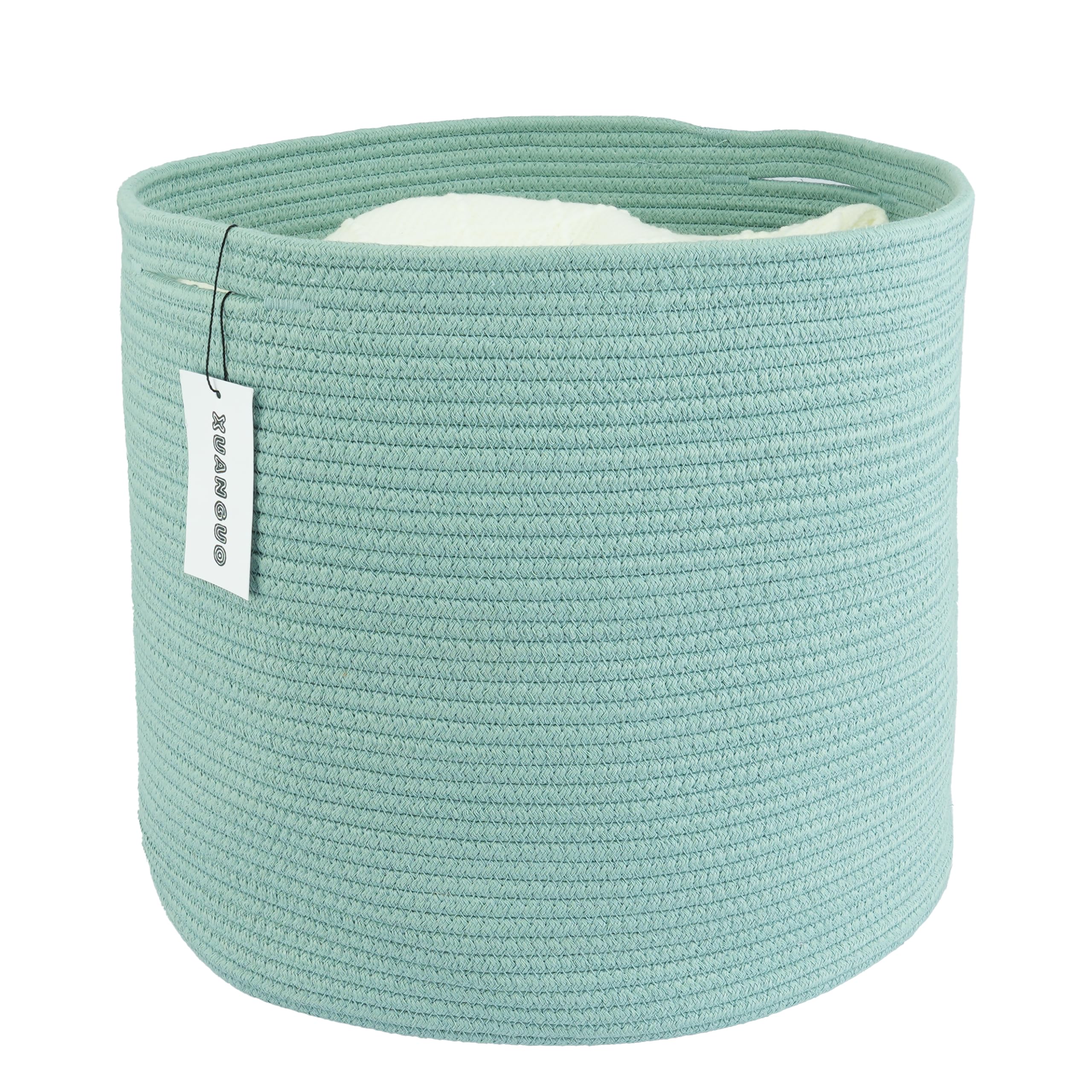 XUANGUO cotton rope basket green 16x14 front view for organized nursery storage