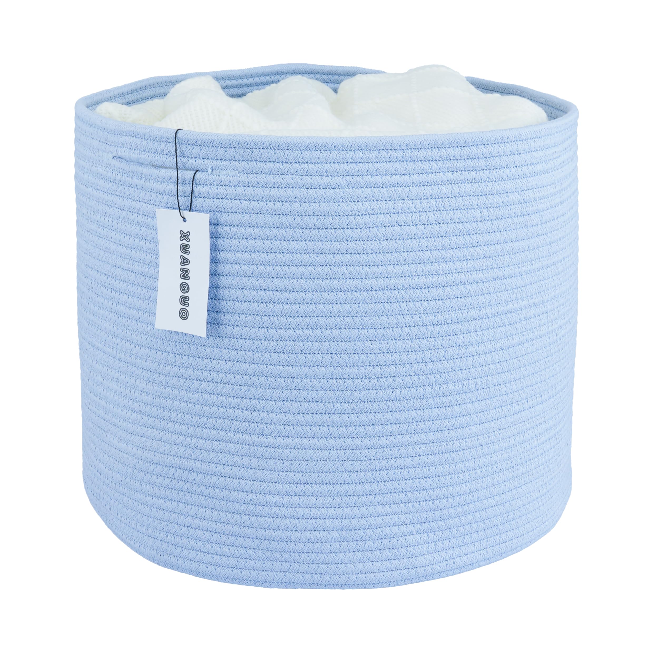 XUANGUO cotton rope basket blue 16x14 front shows organized blankets and toys
