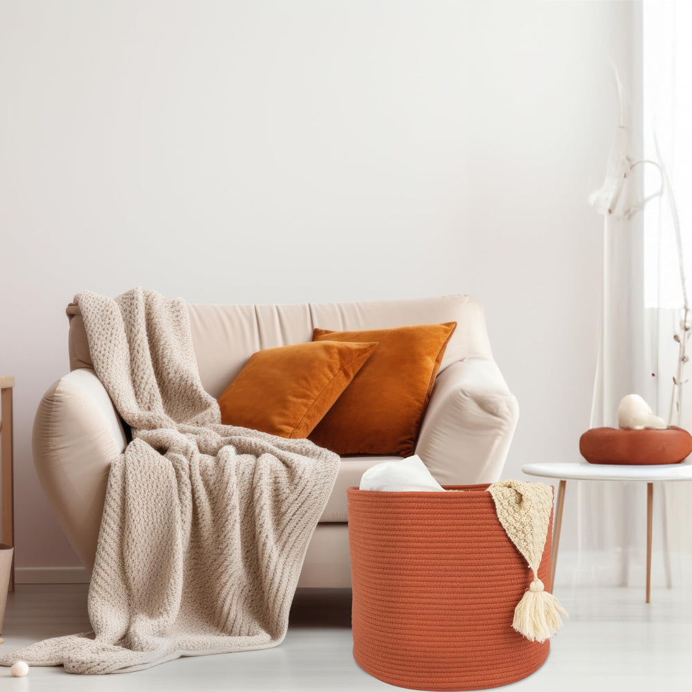 XUANGUO cotton rope basket texture adds decorative touch to living room.