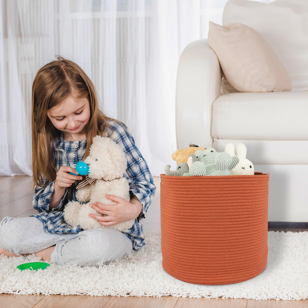 XUANGUO cotton rope basket in a baby room with plush toys.