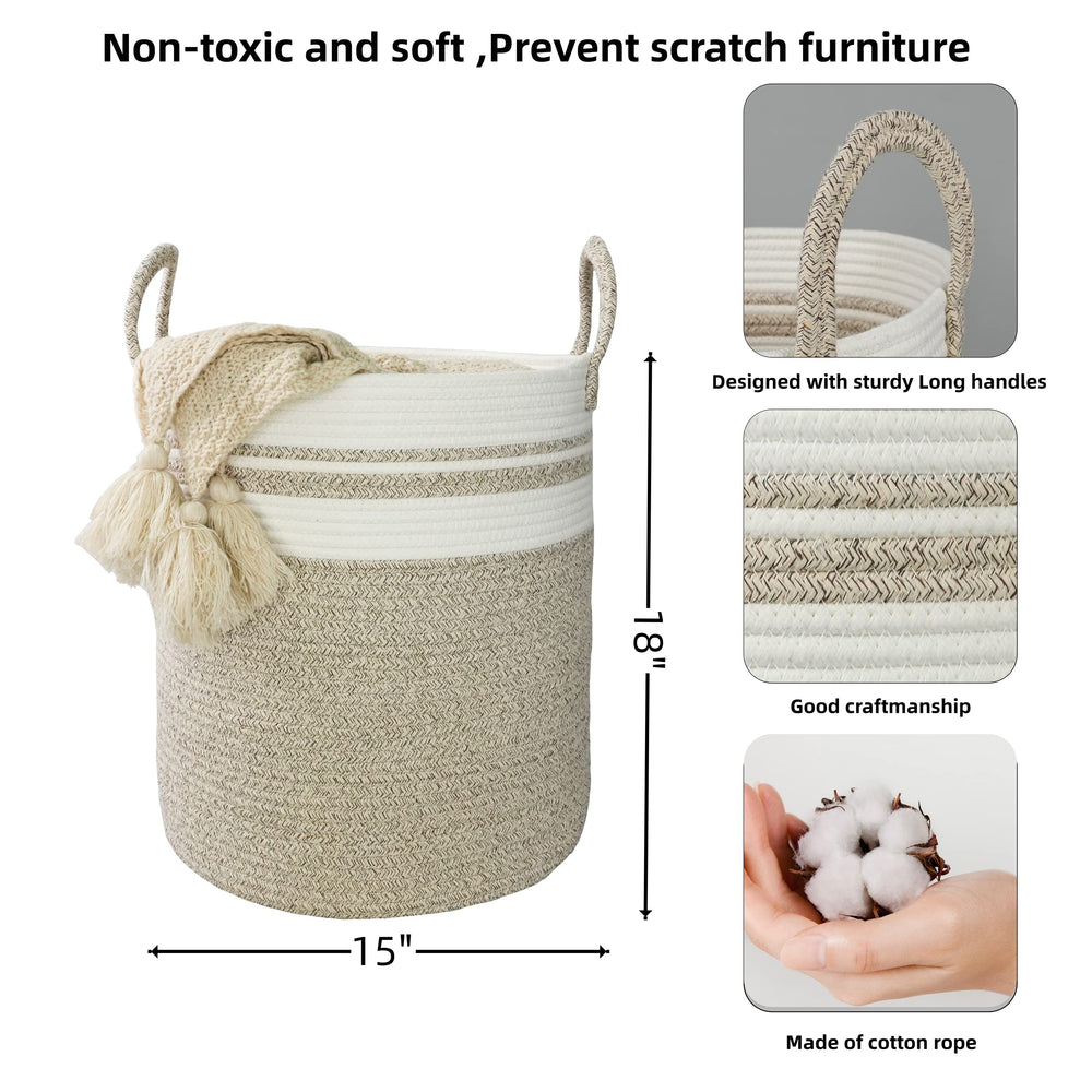 XUANGUO cotton rope laundry basket tall 18-inch height for ample storage.