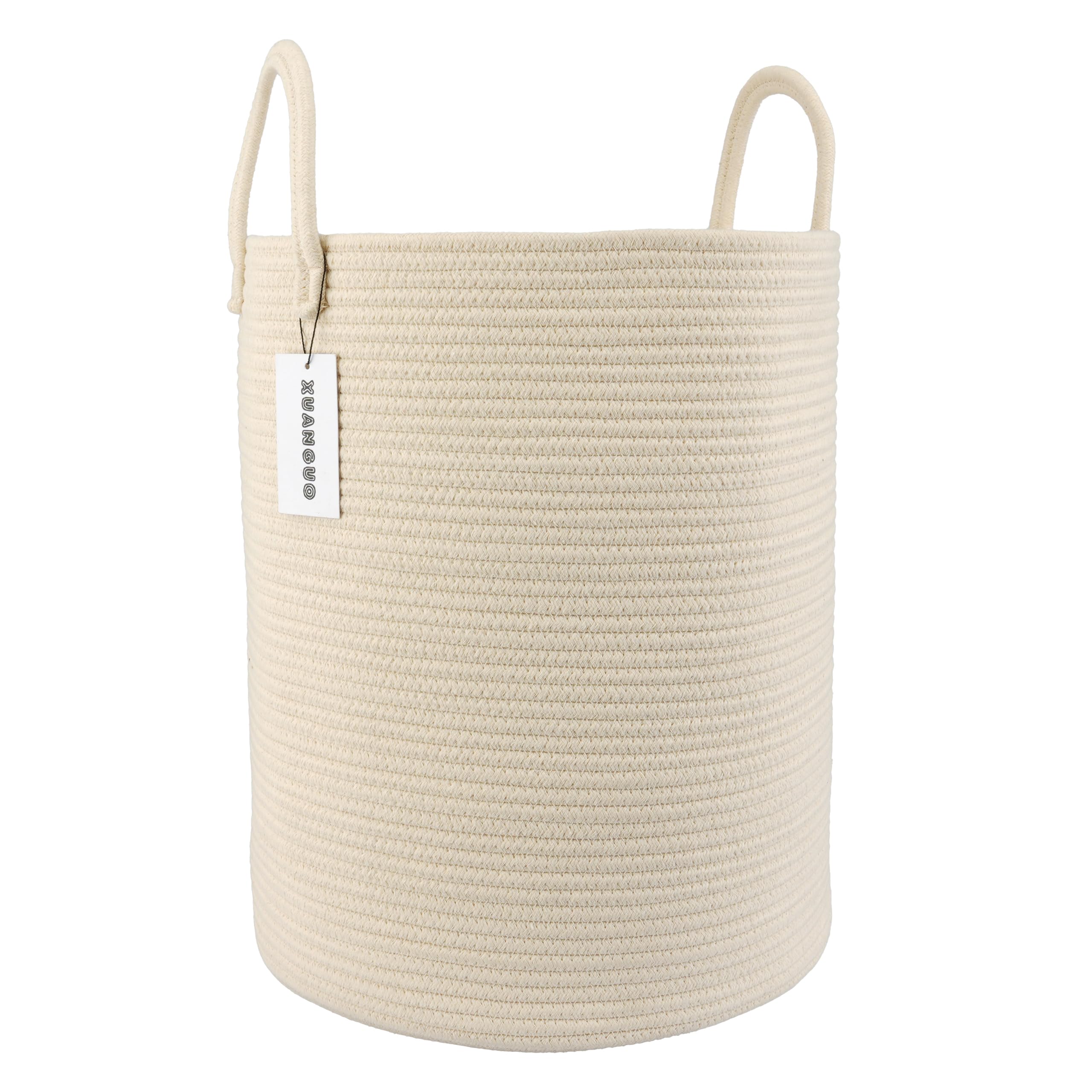XUANGUO cotton rope laundry basket front view with sturdy handles for easy transport.