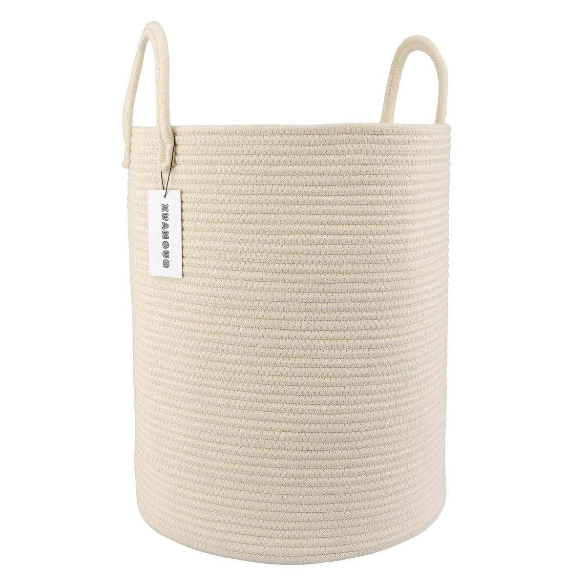 XUANGUO cotton rope laundry basket front view with sturdy handles for easy transport.