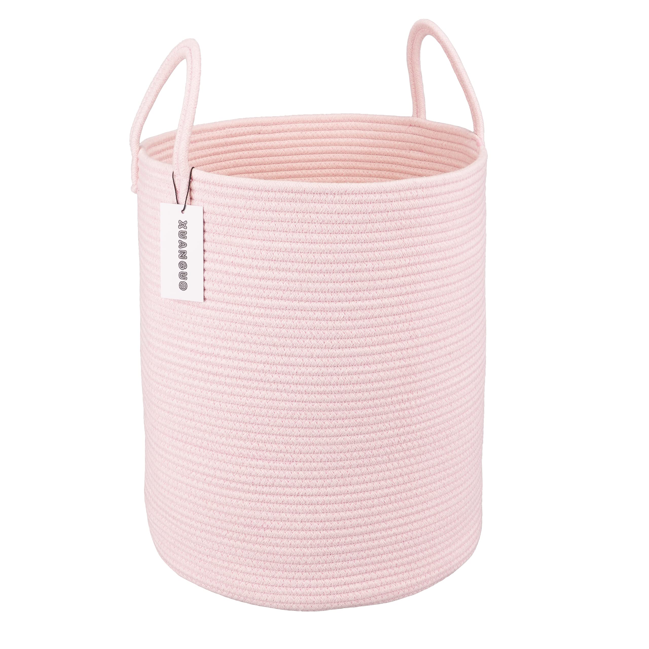 XUANGUO cotton rope laundry basket light pink front view showing size and presence