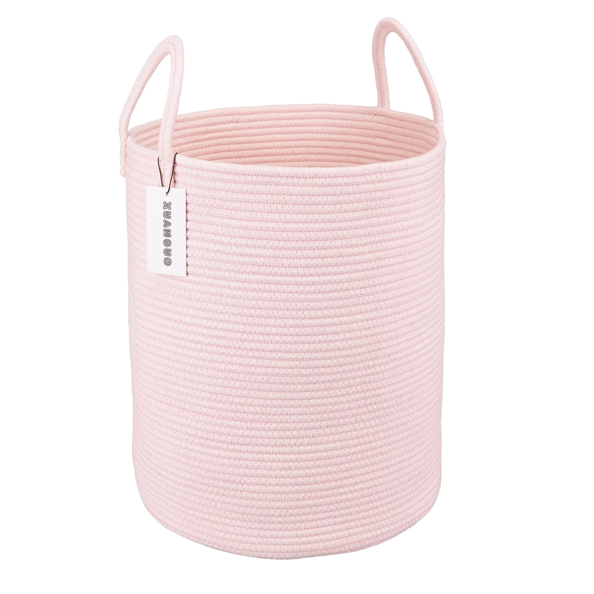 XUANGUO cotton rope laundry basket light pink front view showing size and presence