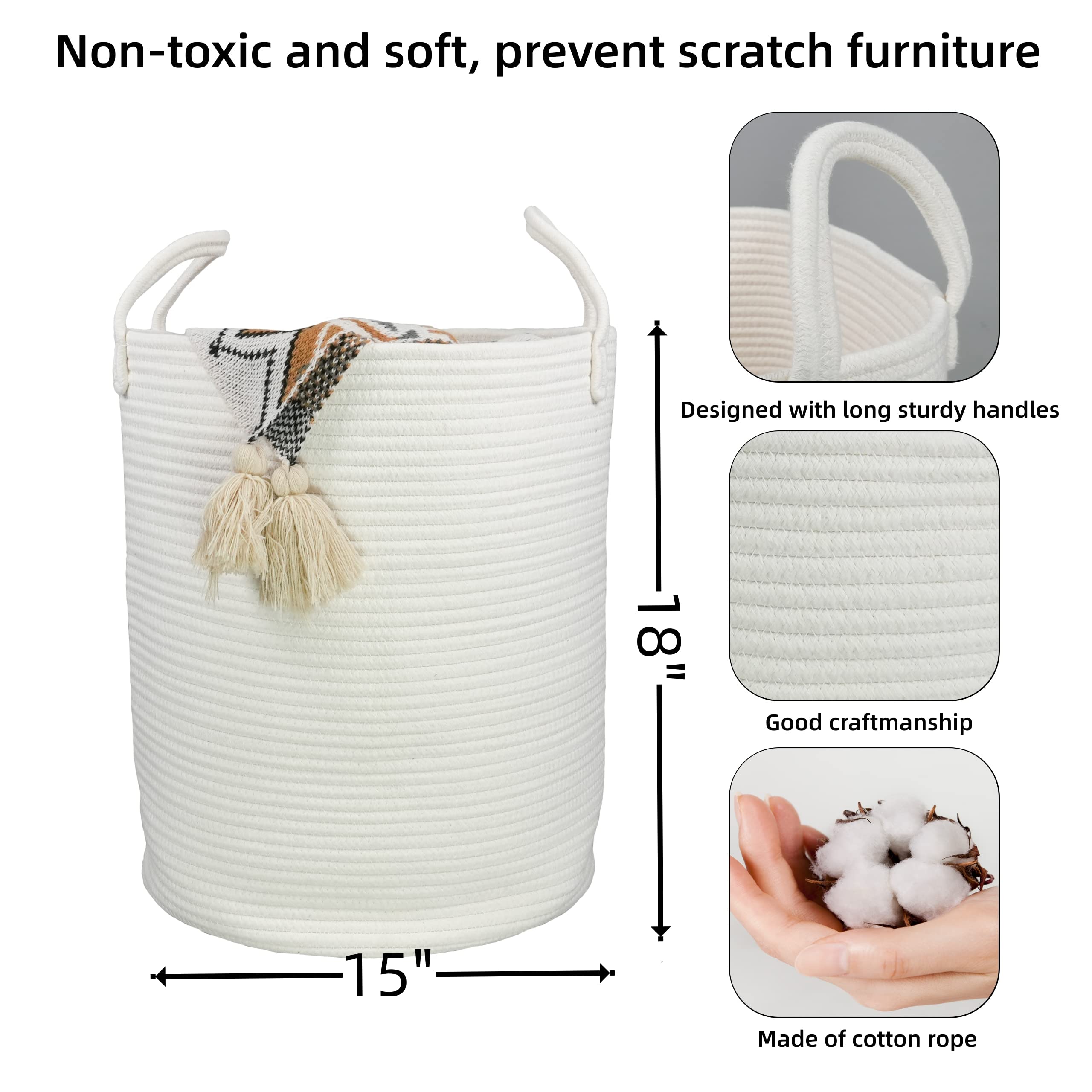 XUANGUO cotton rope laundry basket white side view for tidy room organization
