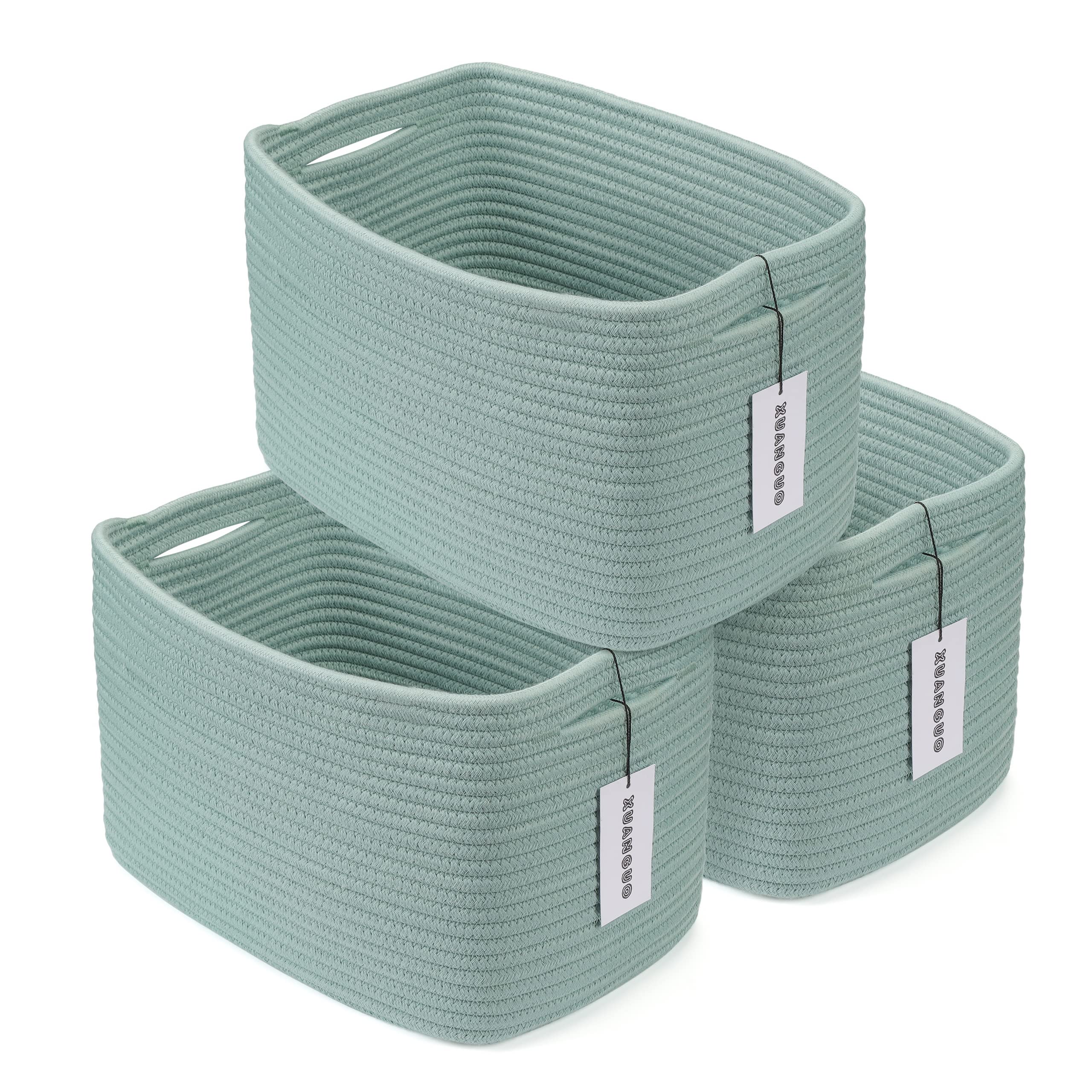 XUANGUO cotton rope storage basket rectangle 15x10x9.3 inches green organized on shelves