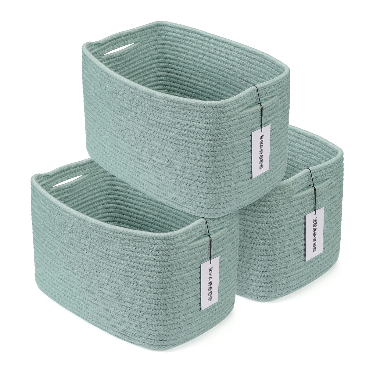 XUANGUO cotton rope storage basket rectangle 15x10x9.3 inches green organized on shelves