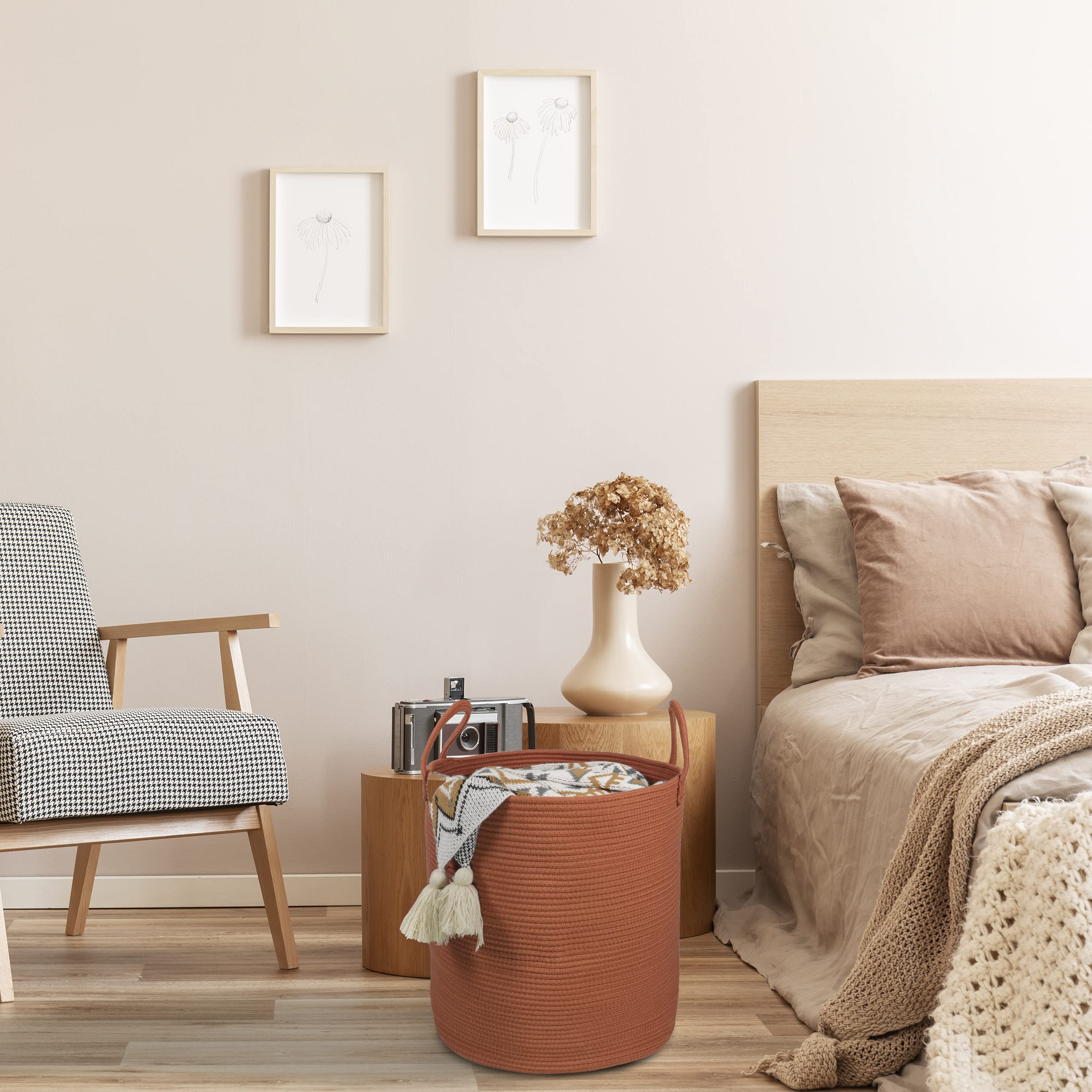 XUANGUO decorative rope basket in a bedroom setup for organization.
