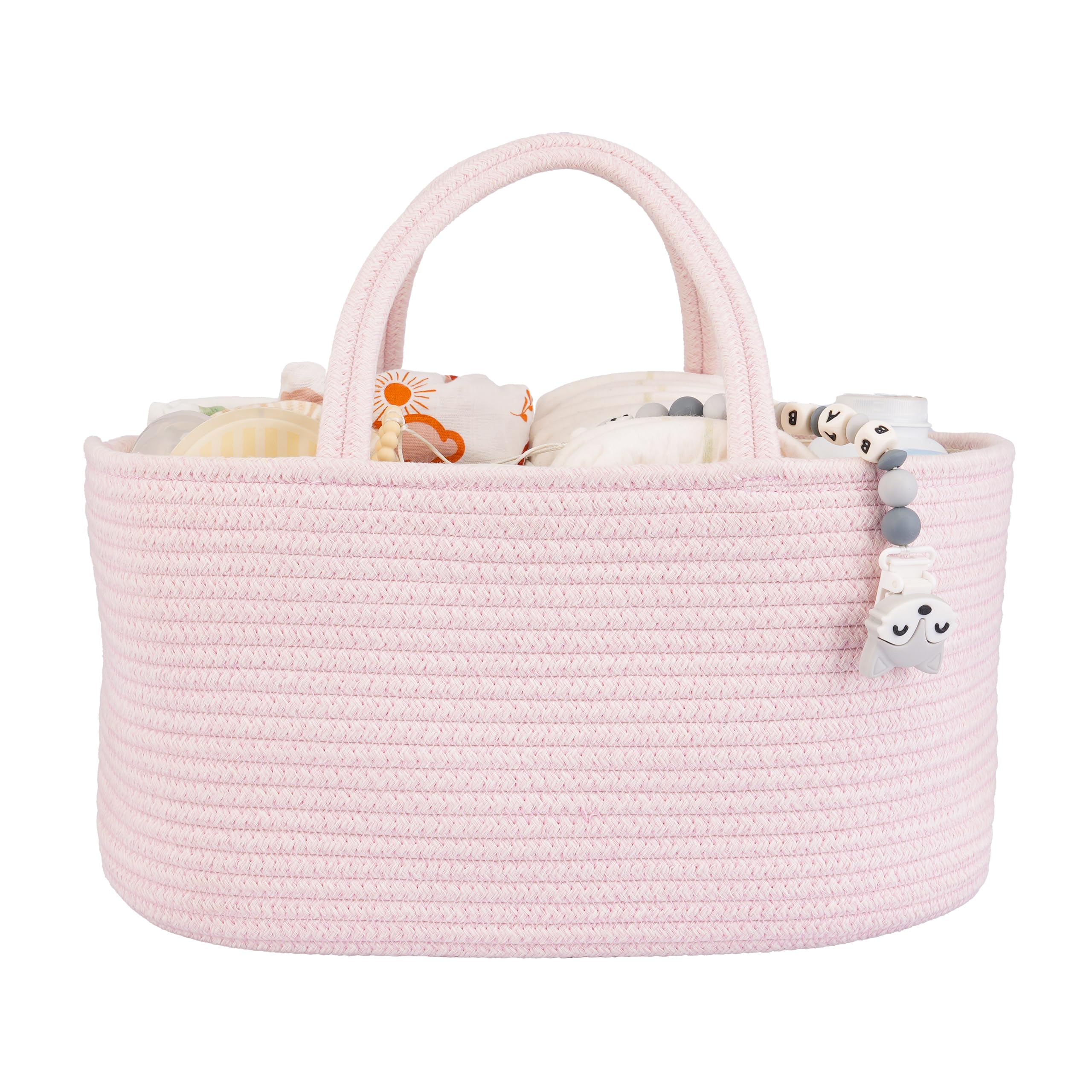 XUANGUO large diaper caddy pink side view keeps diapers and wipes within arm's reach.