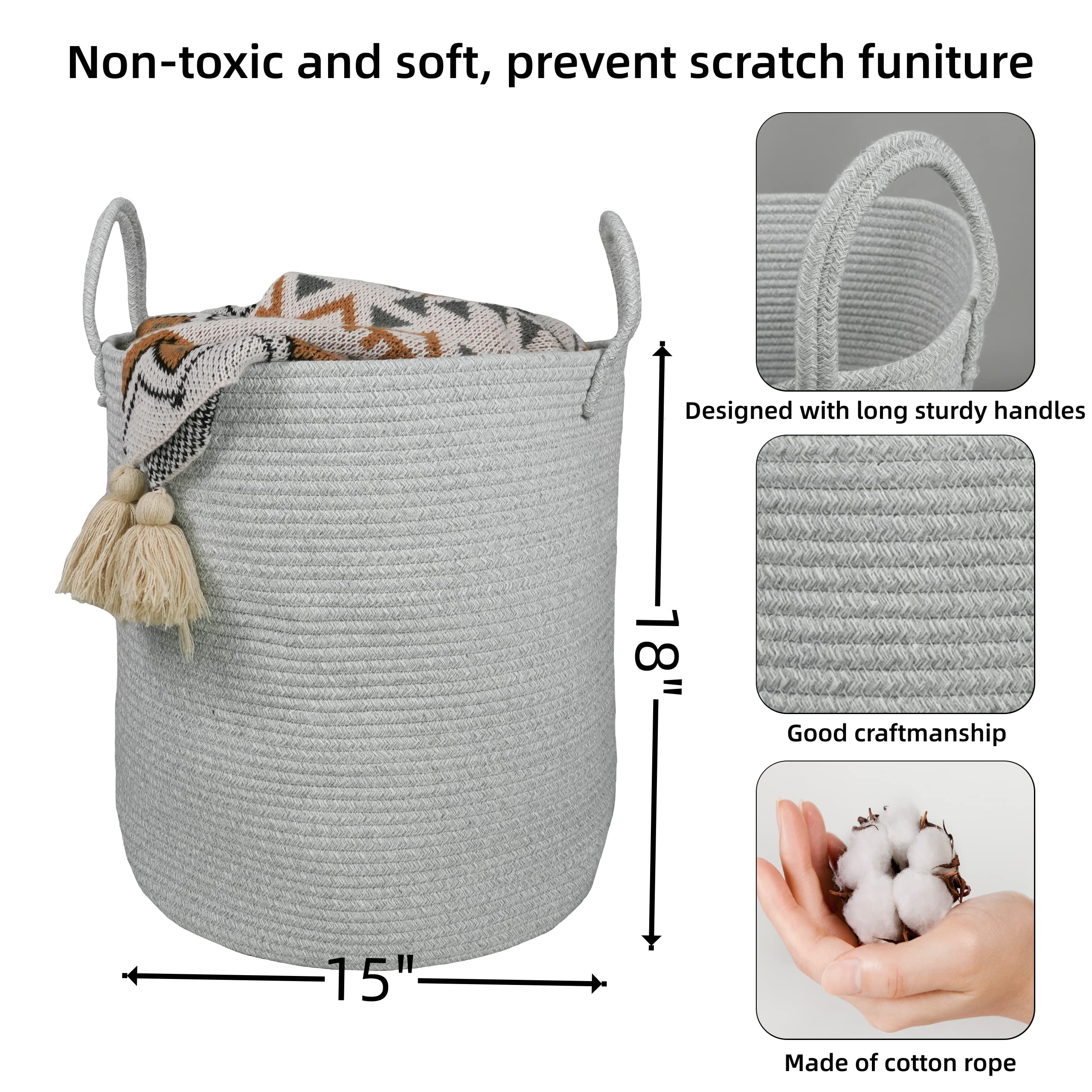 XUANGUO rope basket with handles gray shows easy transport around living spaces