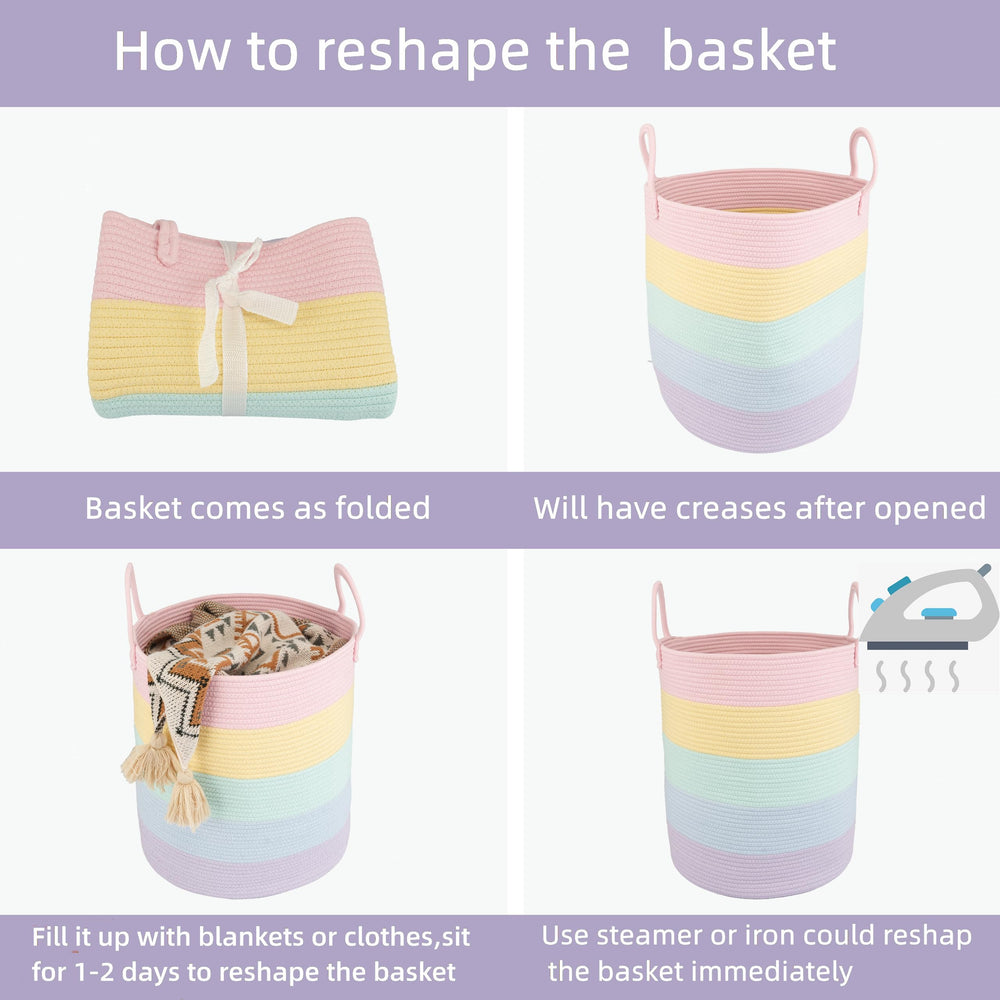 XUANGUO rope basket care tip image illustrating wash and air-dry steps.