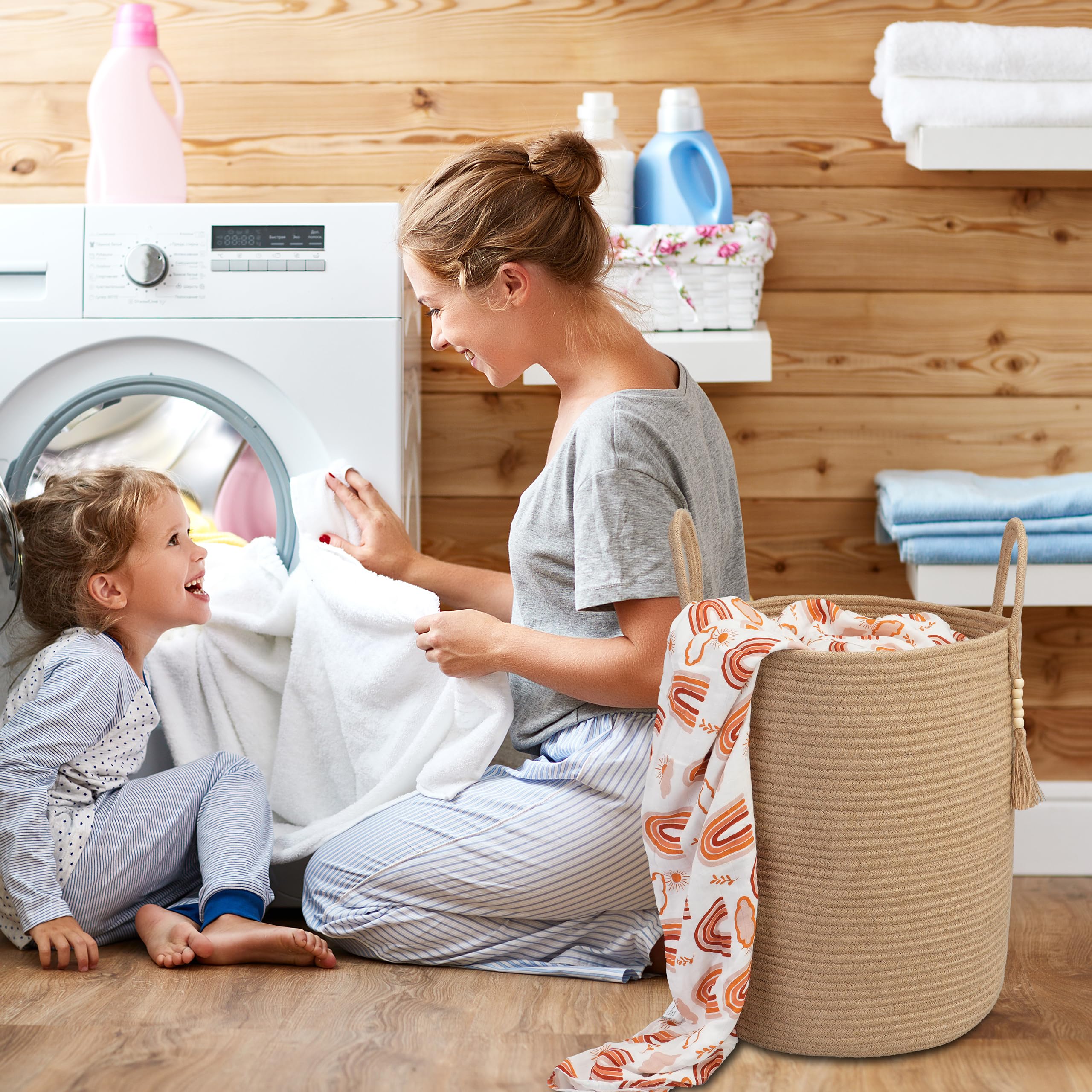 XUANGUO rope laundry basket in bedroom for tidy storage.
