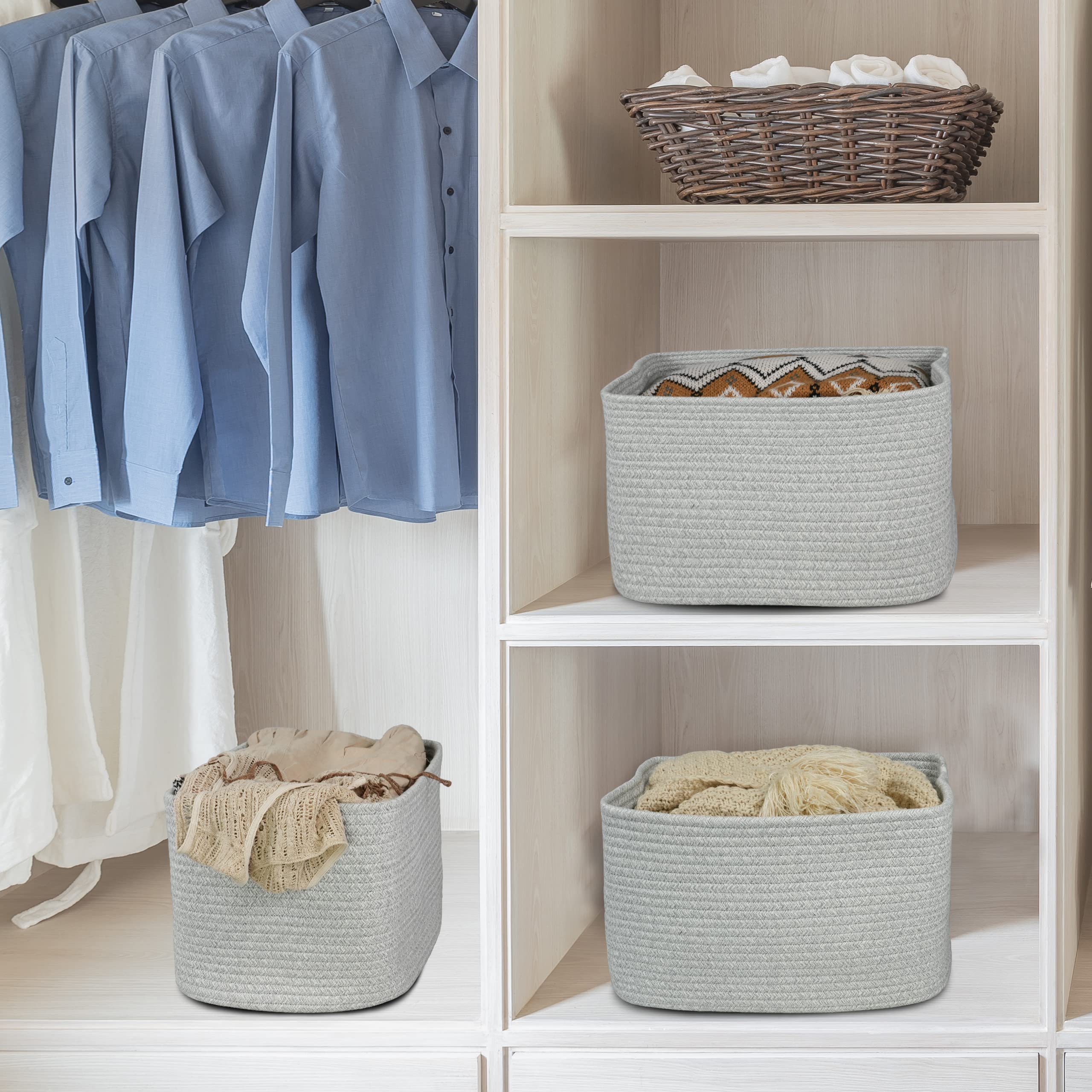 XUANGUO square rope storage basket complements home decor on shelves.