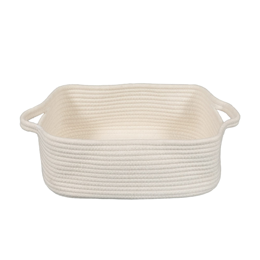 Xuanguo woven cotton rope basket with handles keeps shelves tidy for easy access.