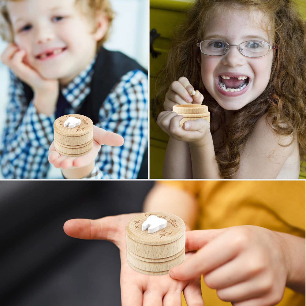 Xunboo Tooth Fairy Box kids holding showing durable wooden keepsake memory