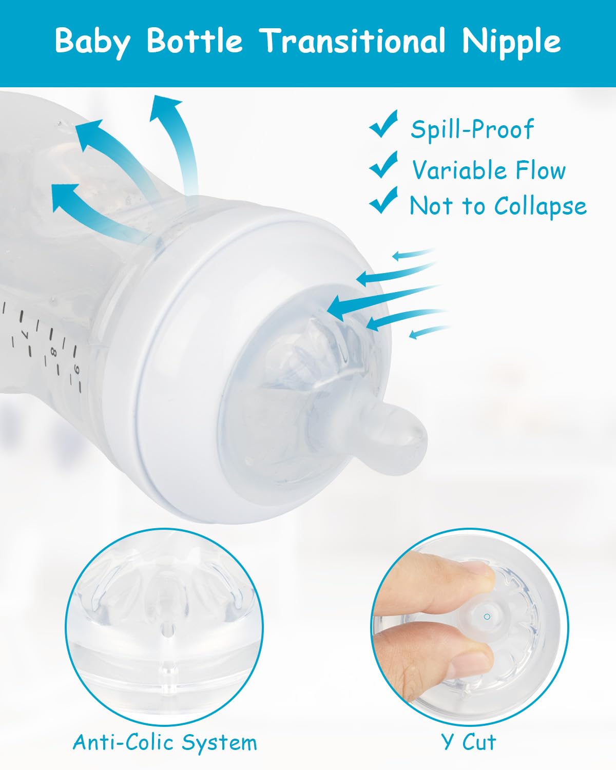 XUNICUTE anti-colic vent system closeup highlights reduced air intake during feeds.