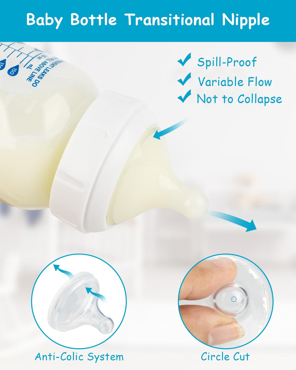 XUNICUTE Level 2 anti-colic vent image shows reduced swallowed air for comfortable feeding.