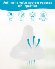 XUNICUTE nipple anti-colic venting system reduces swallowed air during feeds.