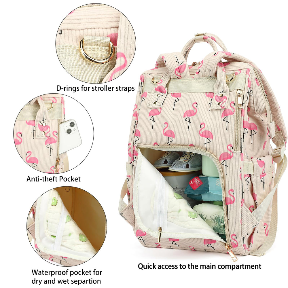 Xunteny corduroy diaper bag front compartment with insulated pockets for warm bottles.