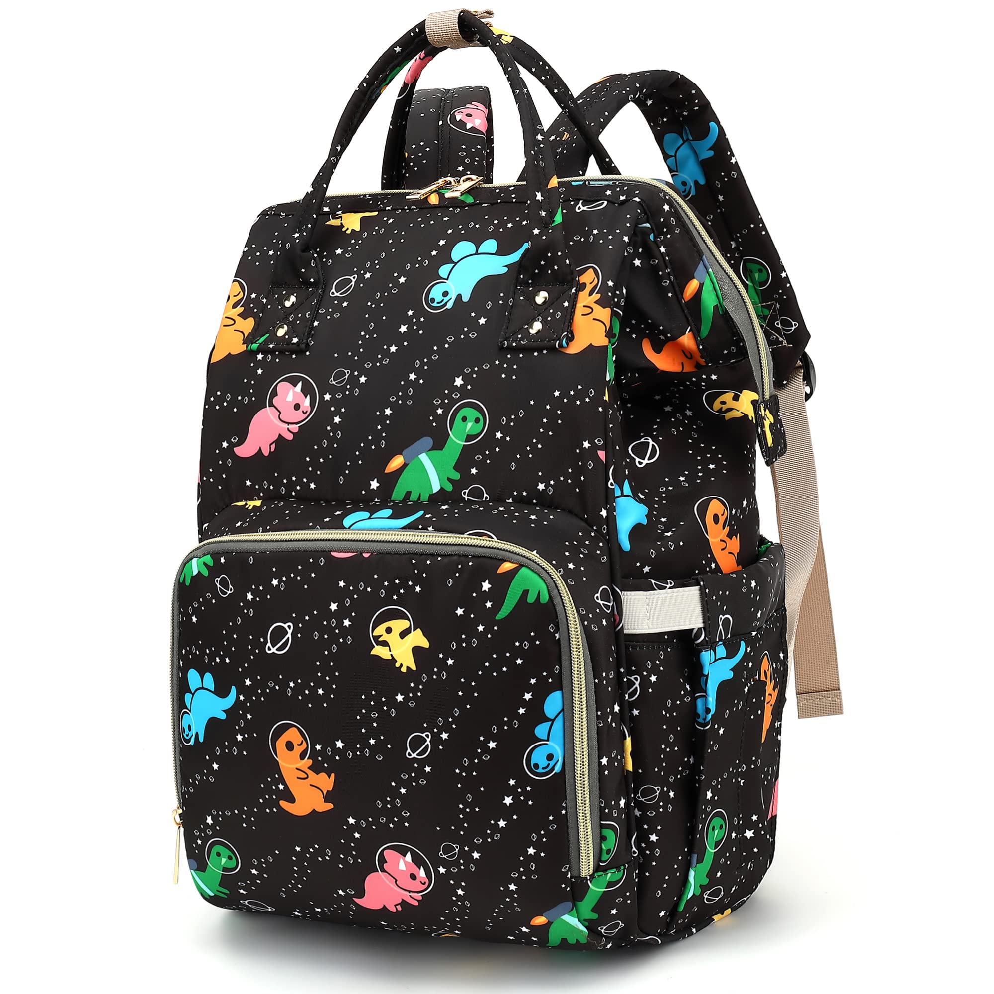 Xunteny Dinosaur diaper bag backpack front view shows quick-access storage for baby essentials on the go