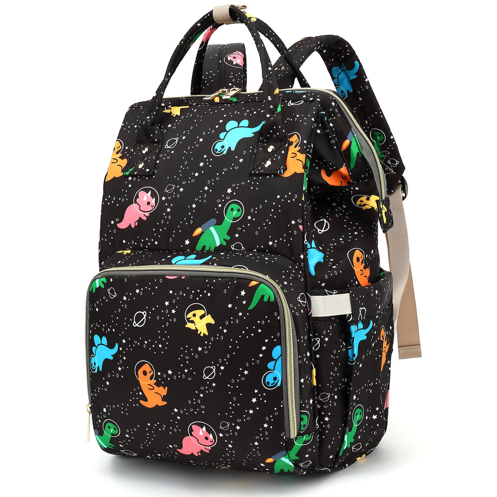 Xunteny Dinosaur diaper bag backpack front view shows quick-access storage for baby essentials on the go