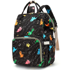 Xunteny Dinosaur diaper bag backpack front view shows quick-access storage for baby essentials on the go