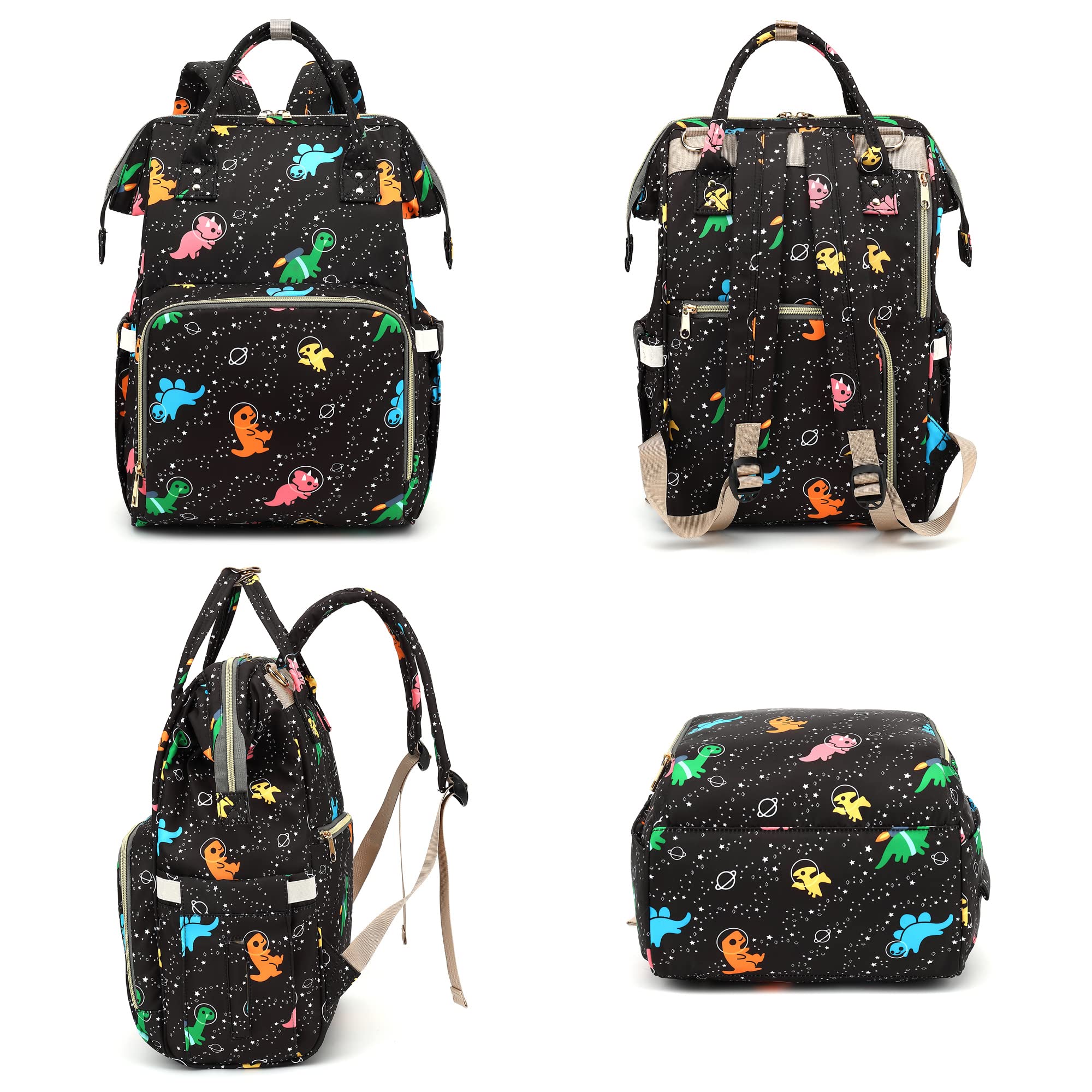 Xunteny dinosaur diaper bag worn by mom conveys practicality during errands or travel