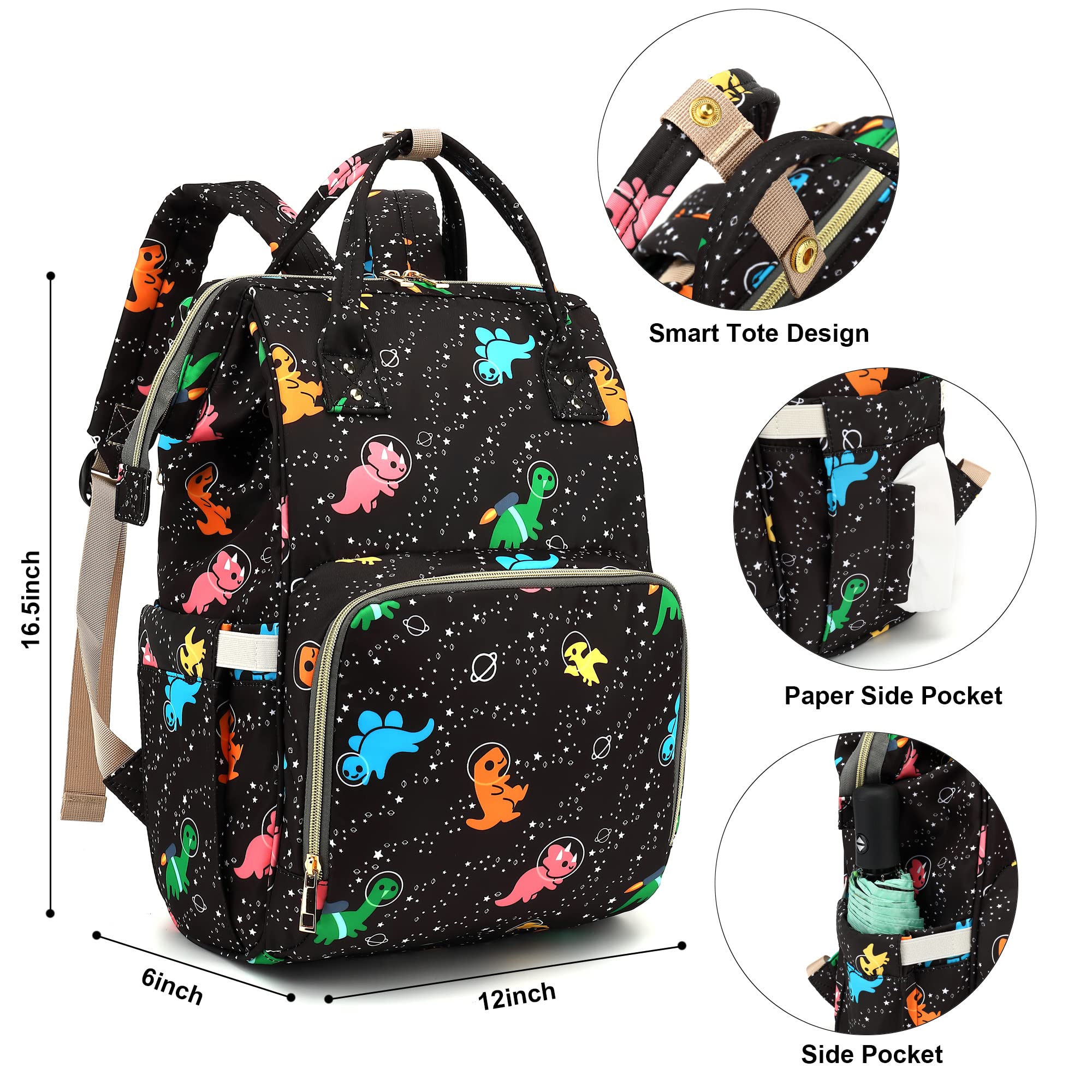 Xunteny dinosaur bag open compartments reveal baby essentials organized for quick reach
