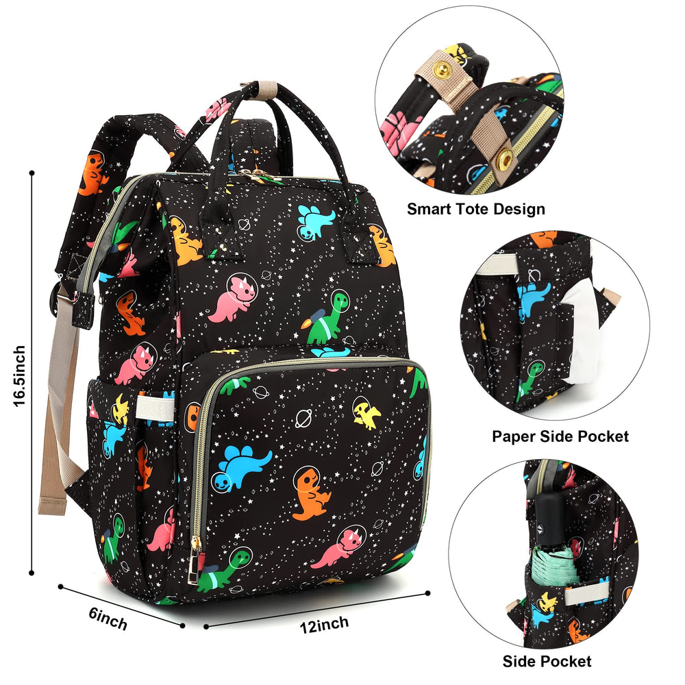 Xunteny dinosaur bag open compartments reveal baby essentials organized for quick reach