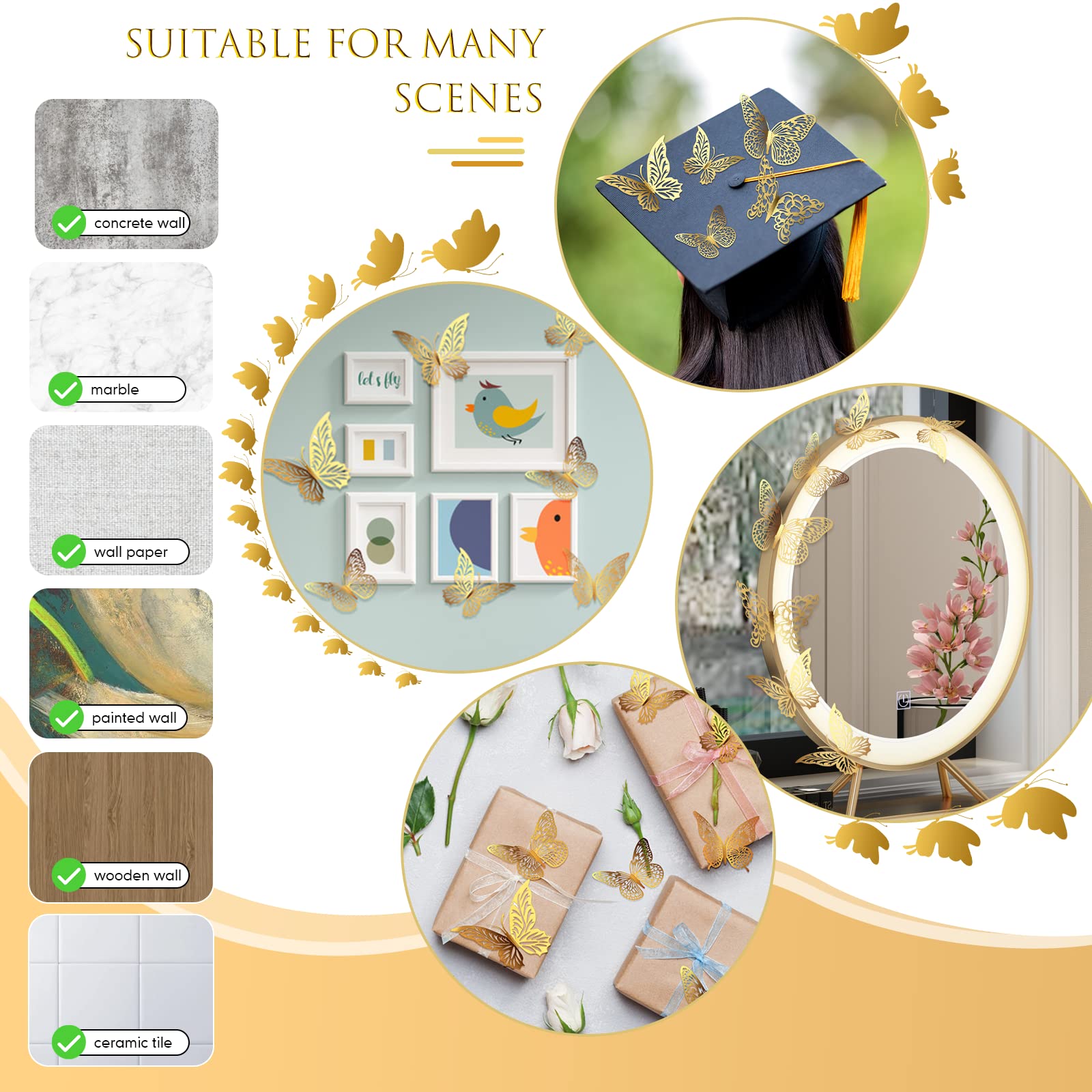 XUNXMAS 3D metallic wall stickers close up highlights delicate hollow patterns and folds.