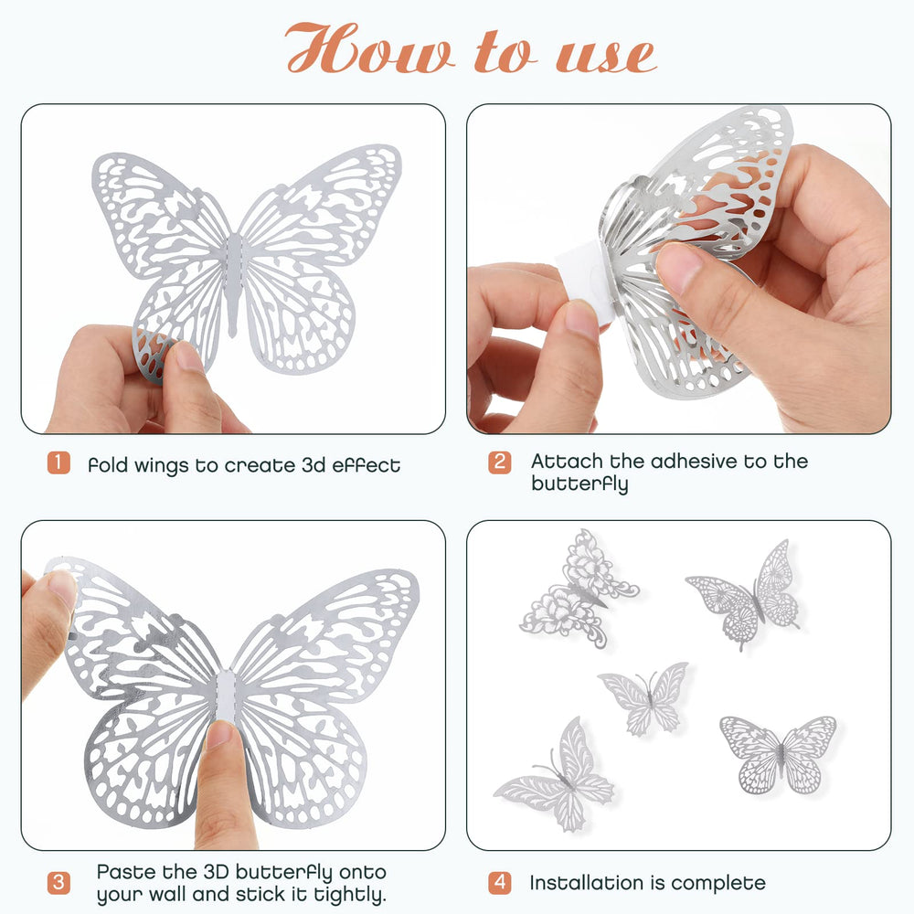 XUNXMAS 3D silver butterfly hollow-patterned for elegant wall art.