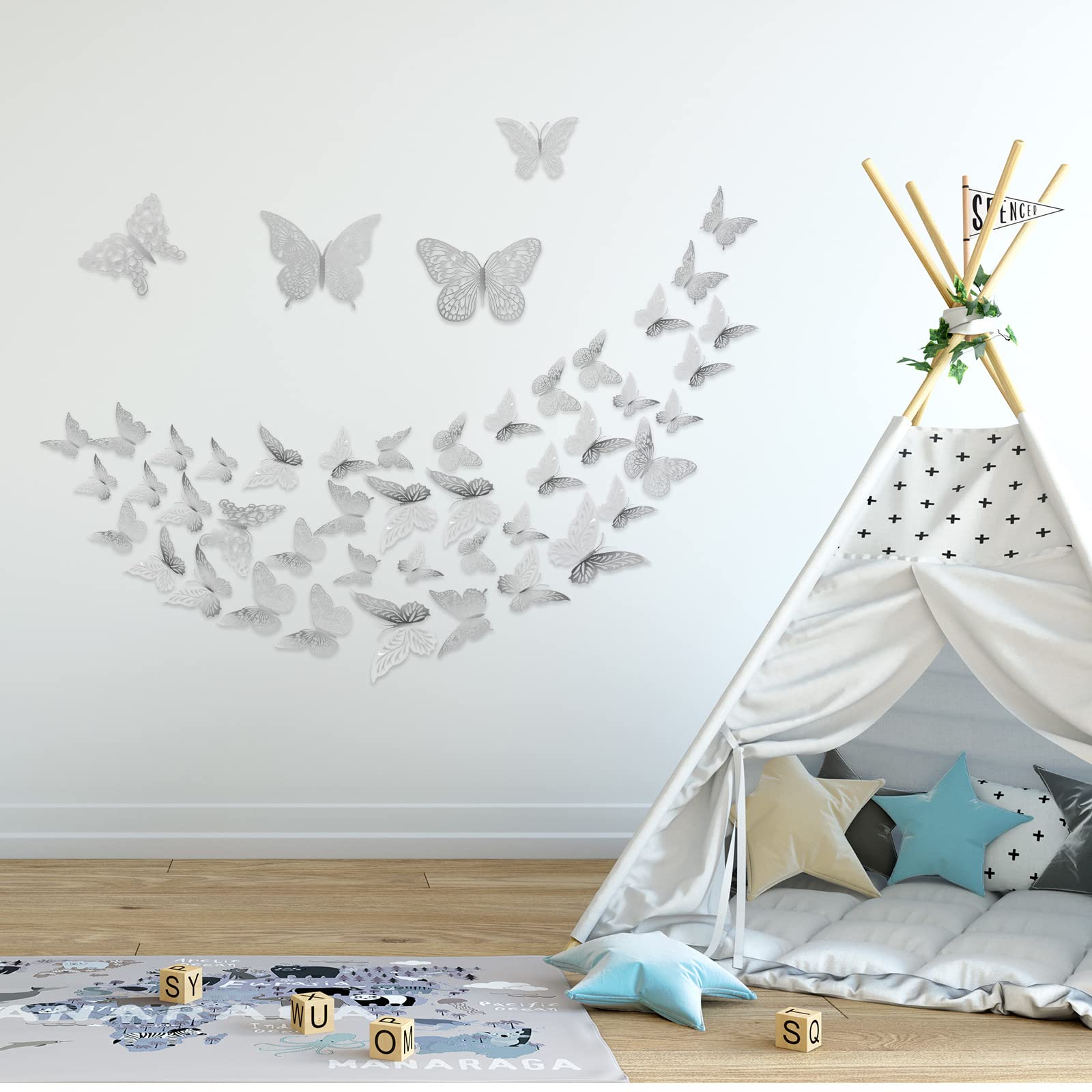 XUNXMAS 3D silver butterfly removable adhesive for easy decorating.