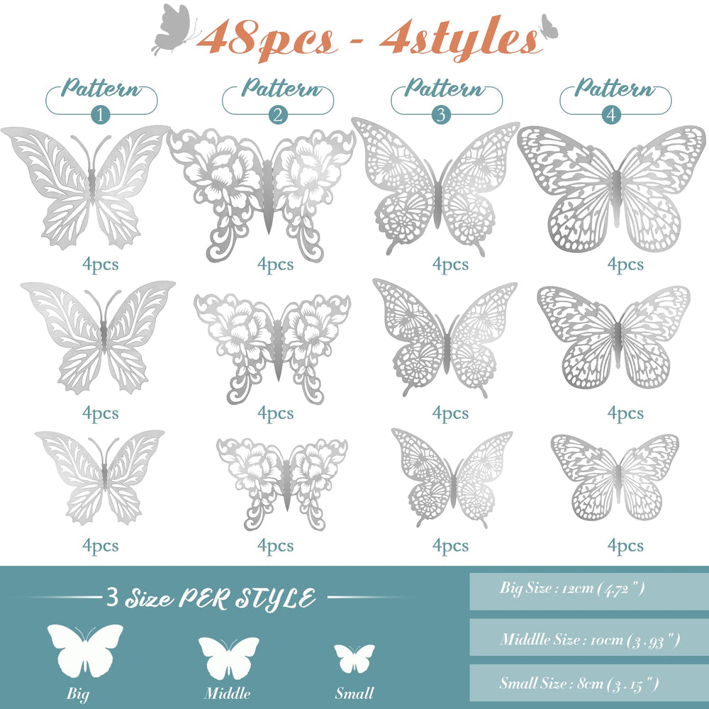 XUNXMAS 3D silver butterfly wall stickers with folding wings for depth.