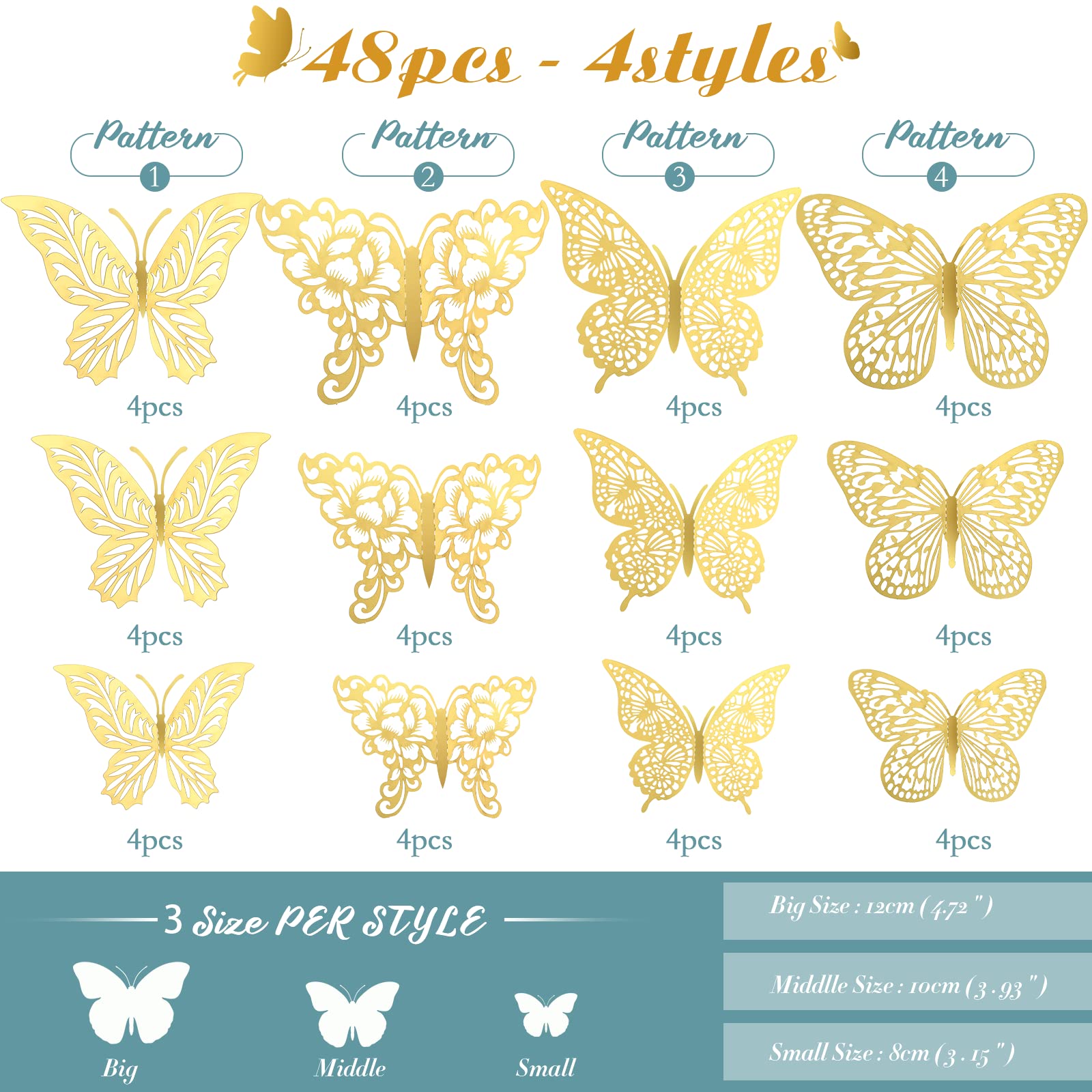 XUNXMAS gold butterfly wings 3D effect showcases intricate metallic detail for wall art.