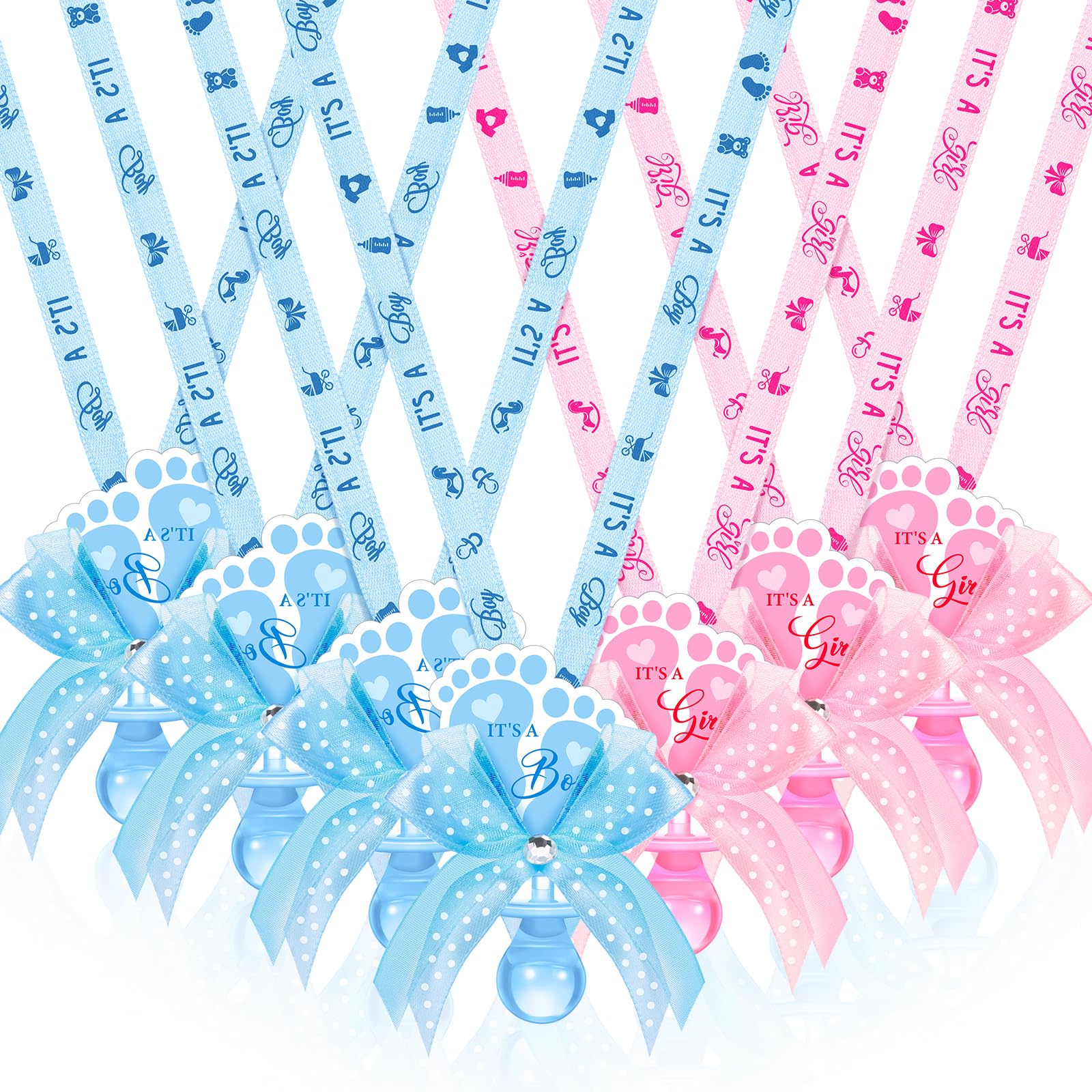 XunYee baby shower necklace with footprint label and diamond bow in blue-pink, stylish party accessory