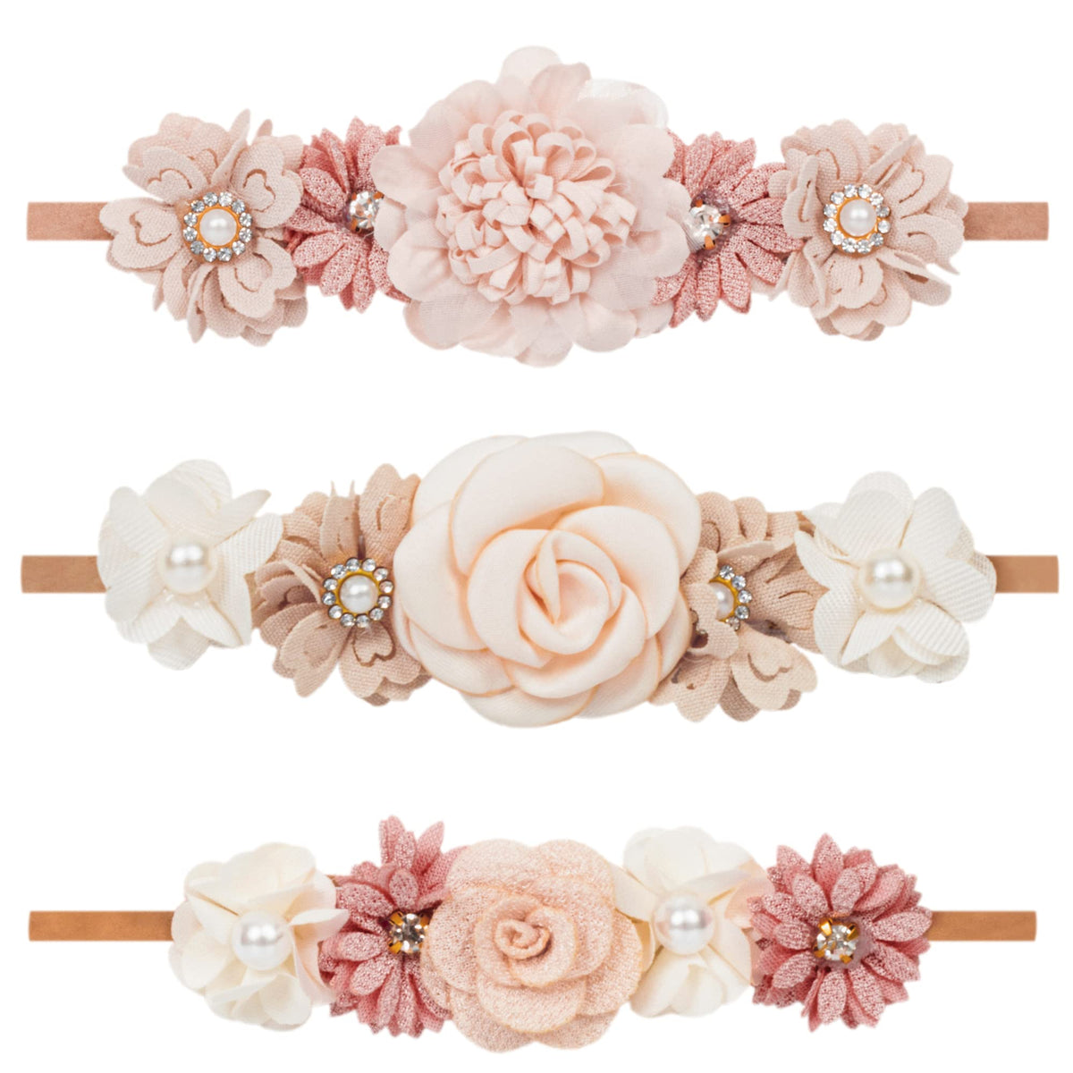 XuoAz baby girls floral headbands set, three-pack, soft fabric for gentle newborn comfort.