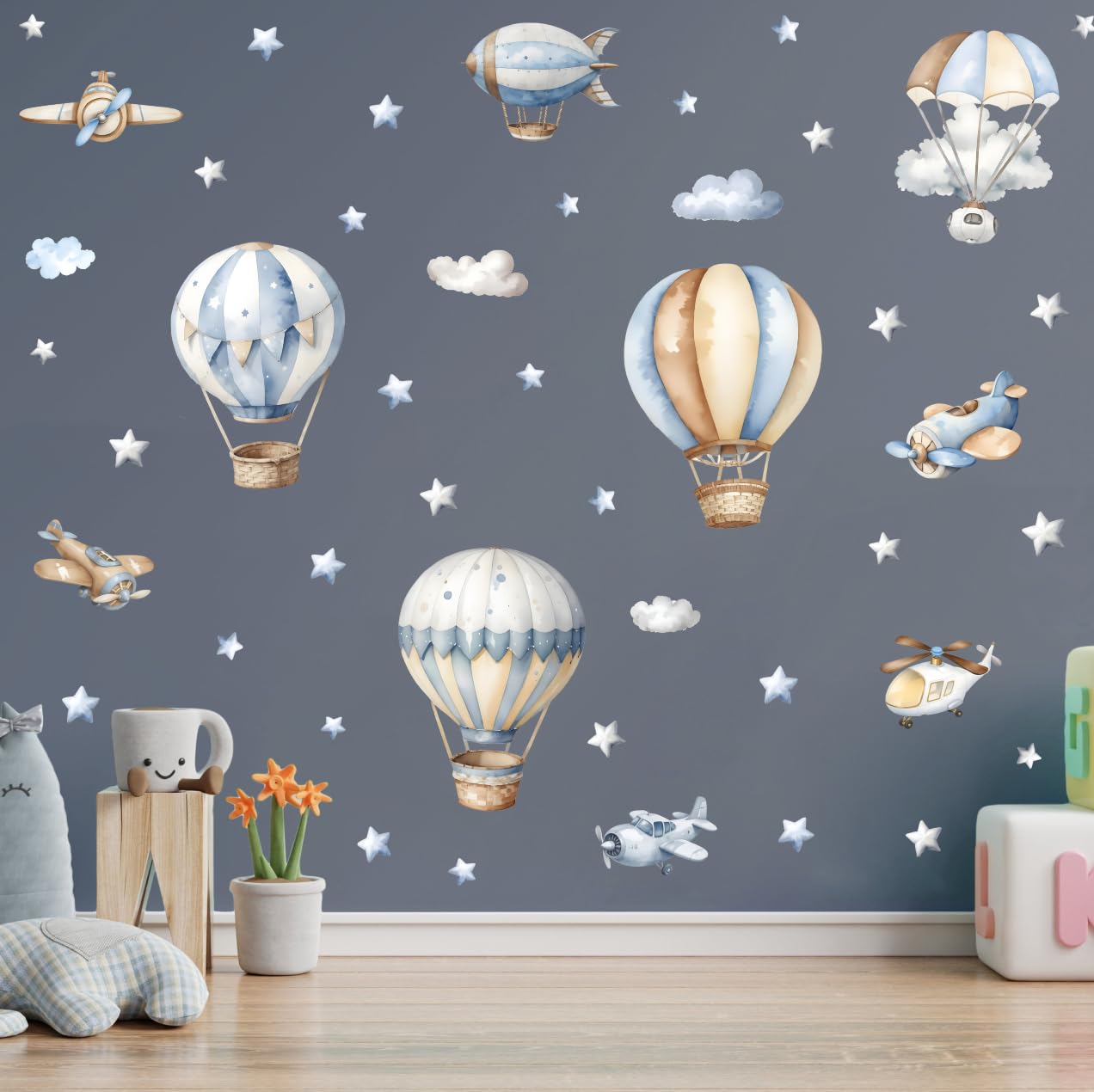 XUOIAYNB watercolor hot air balloon wall sticker airplane detail for sky scenes