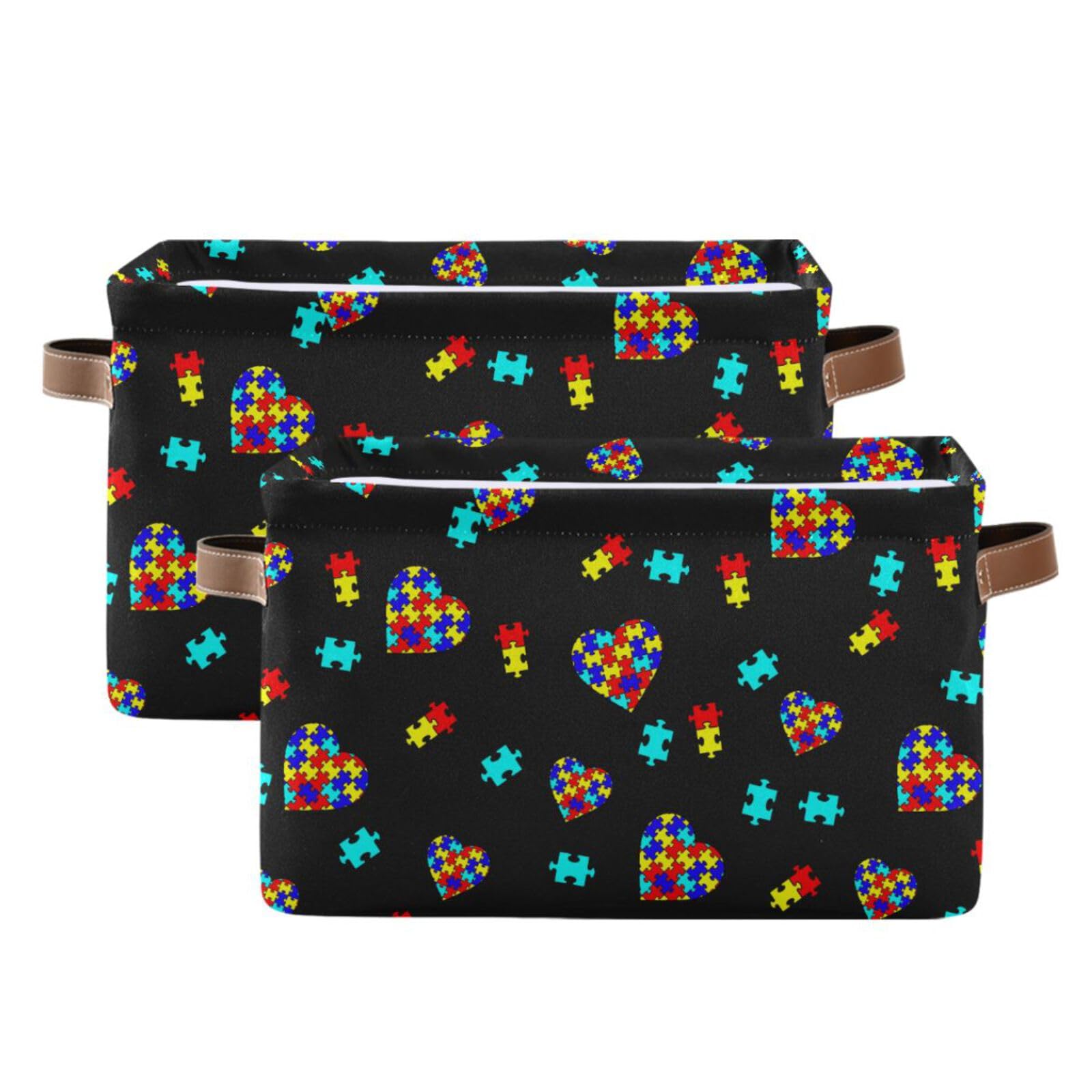 XUWU storage bin with PU leather handles for easy carrying on shelves.
