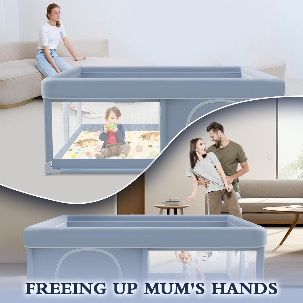 XVISHX 50x50 playpen easy-assembly image shows tool-free setup in minutes