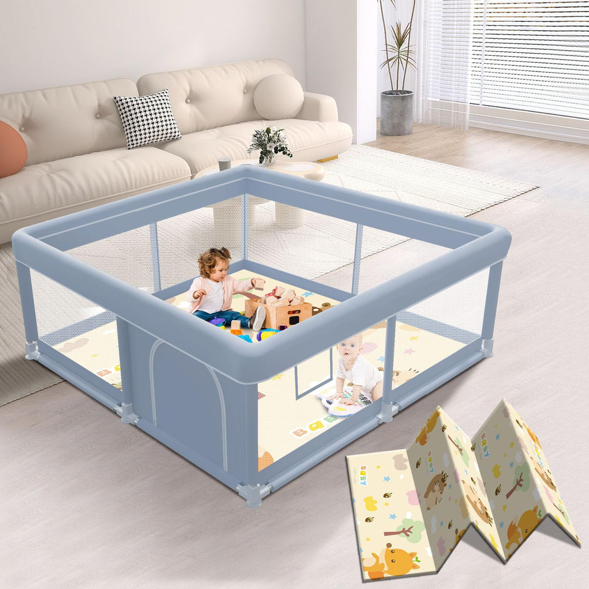 XVISHX 50x50 playpen exterior grey view offers a safe indoor play space