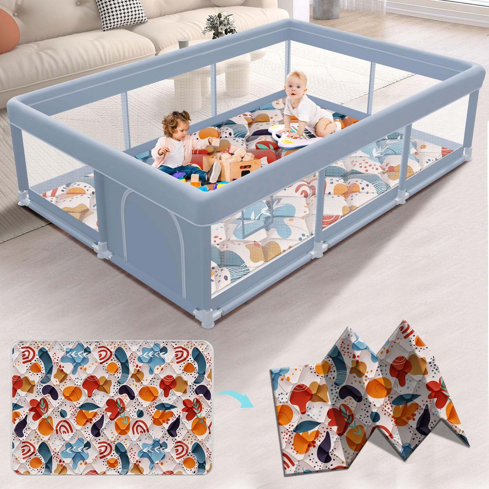 XVISHX 74x50 inch playpen mat offers ample space for safe, shared playtime.