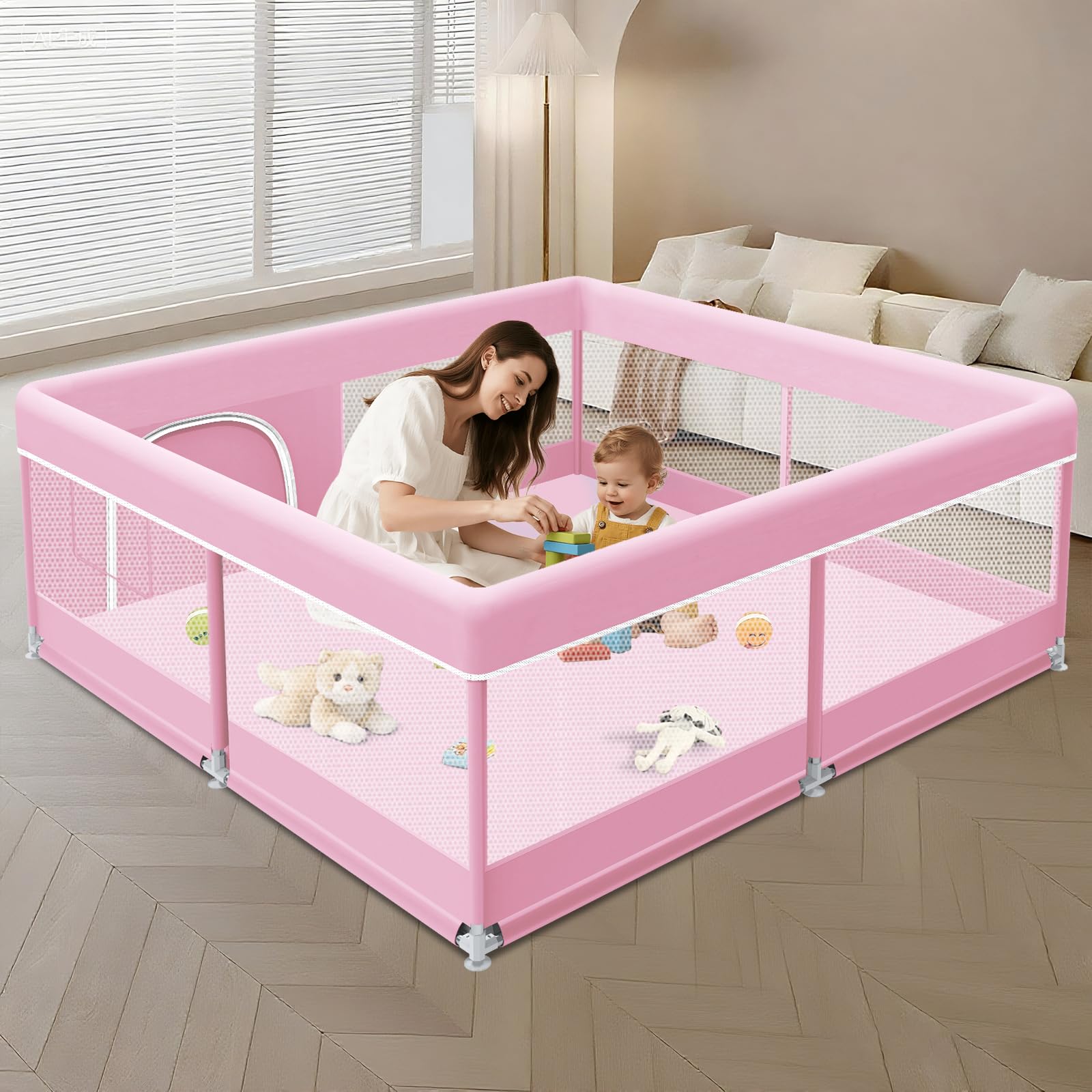 XVISHX Baby Playpen 50-by-50-inch outer view shows a spacious, safe play area for toddlers.