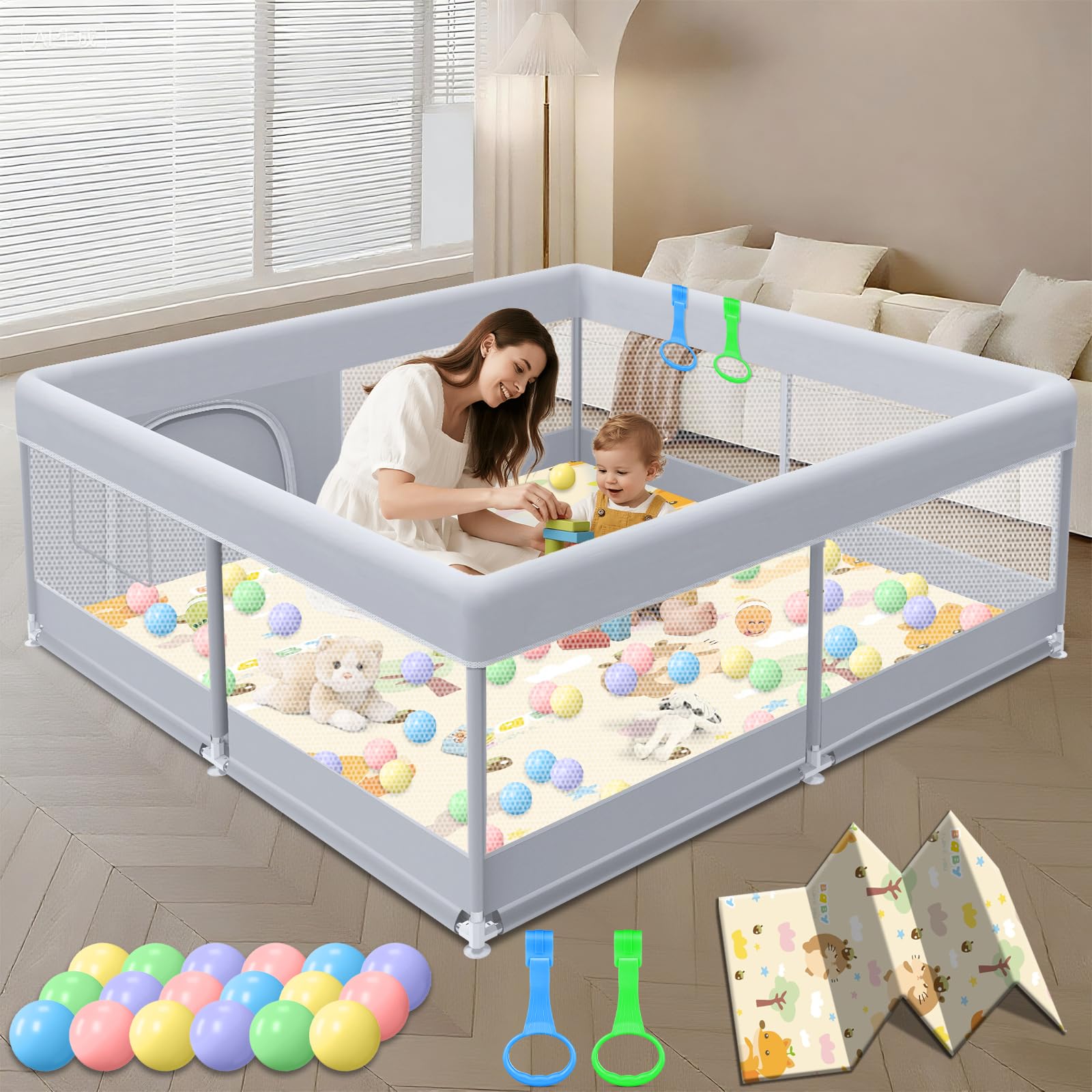 XVISHX baby playpen 50x50 mat offers ample space for two toddlers.