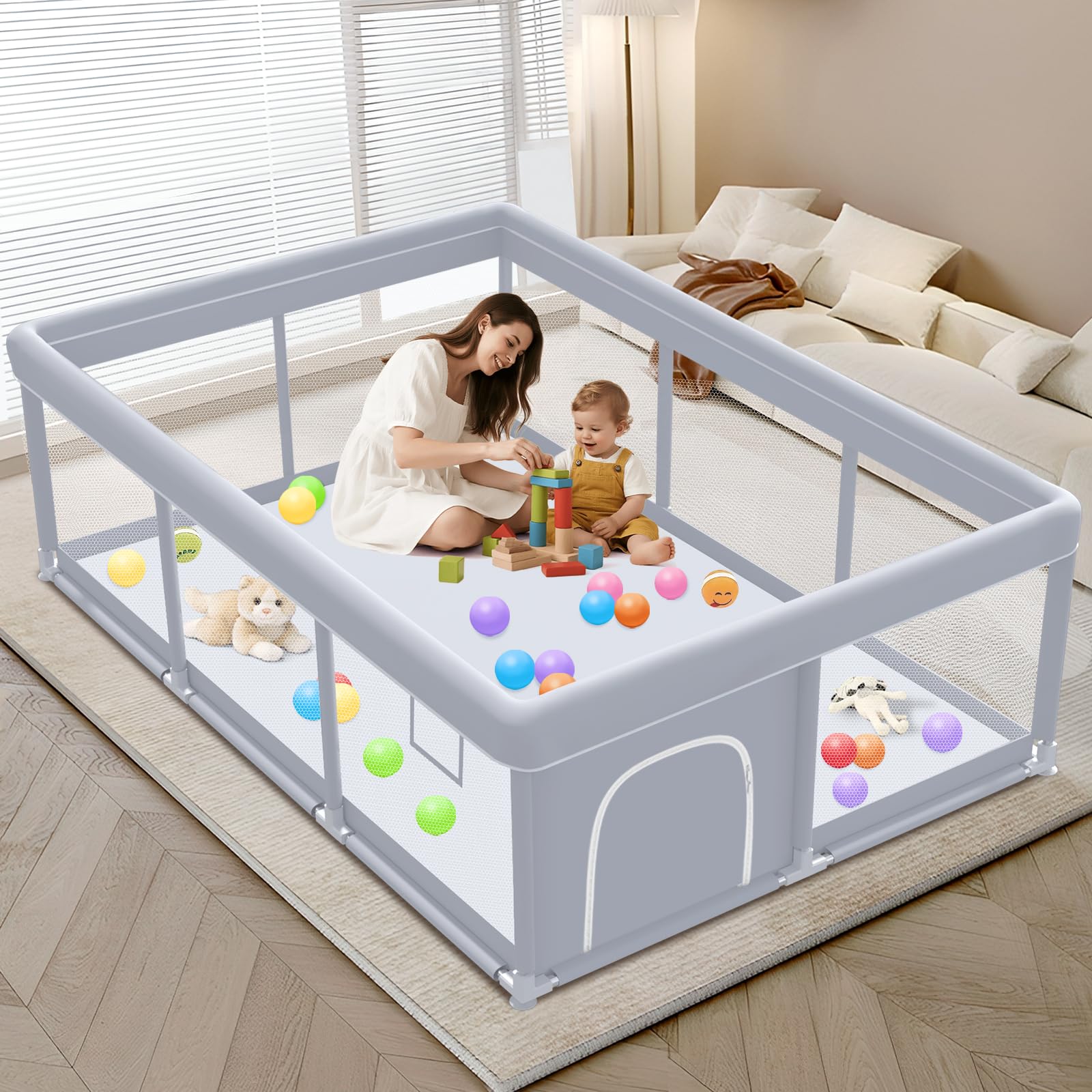 XVISHX Baby Playpen 74x50 dimensions show ample space for safe, shared playtime