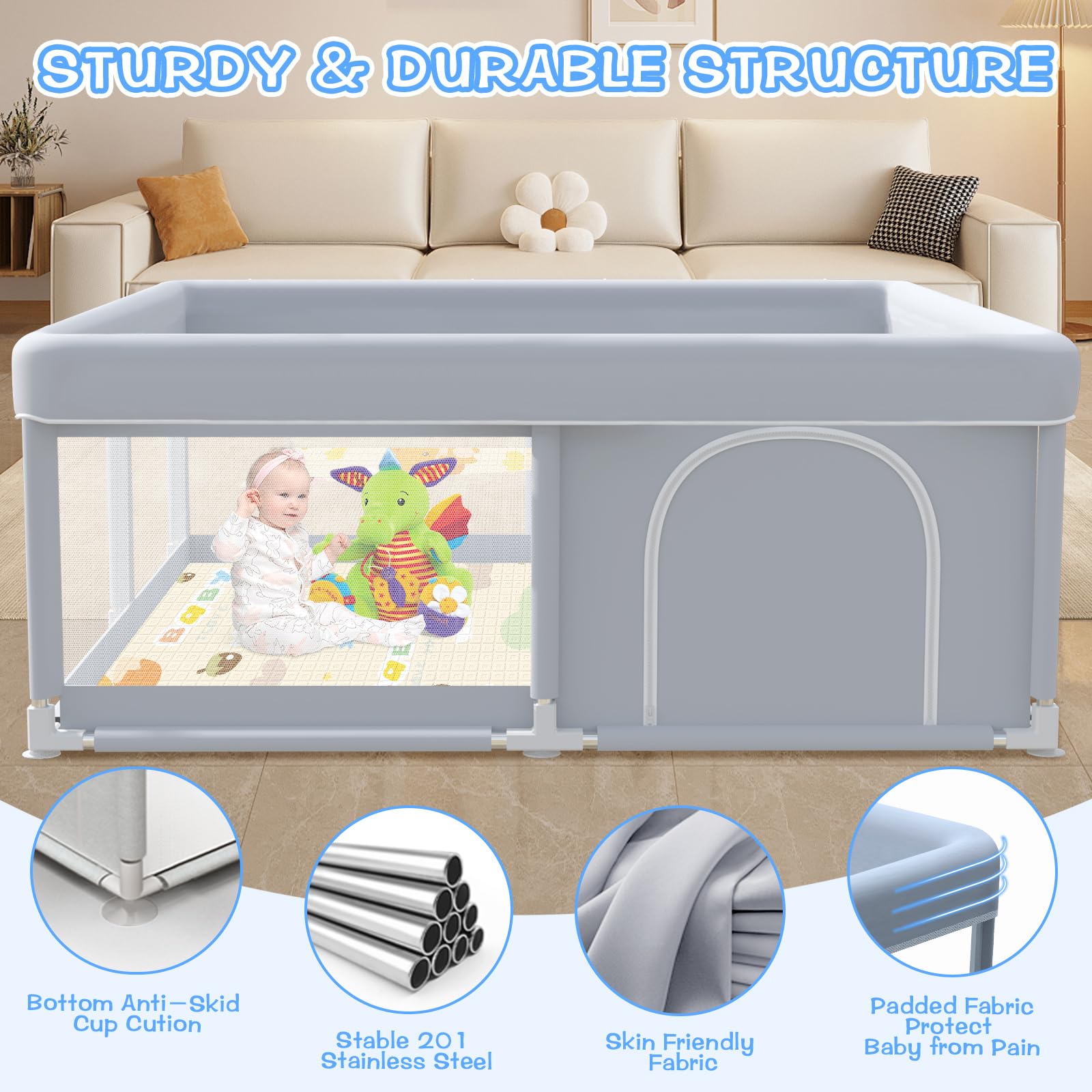XVISHX baby playpen ideal for indoor and outdoor use on various surfaces.