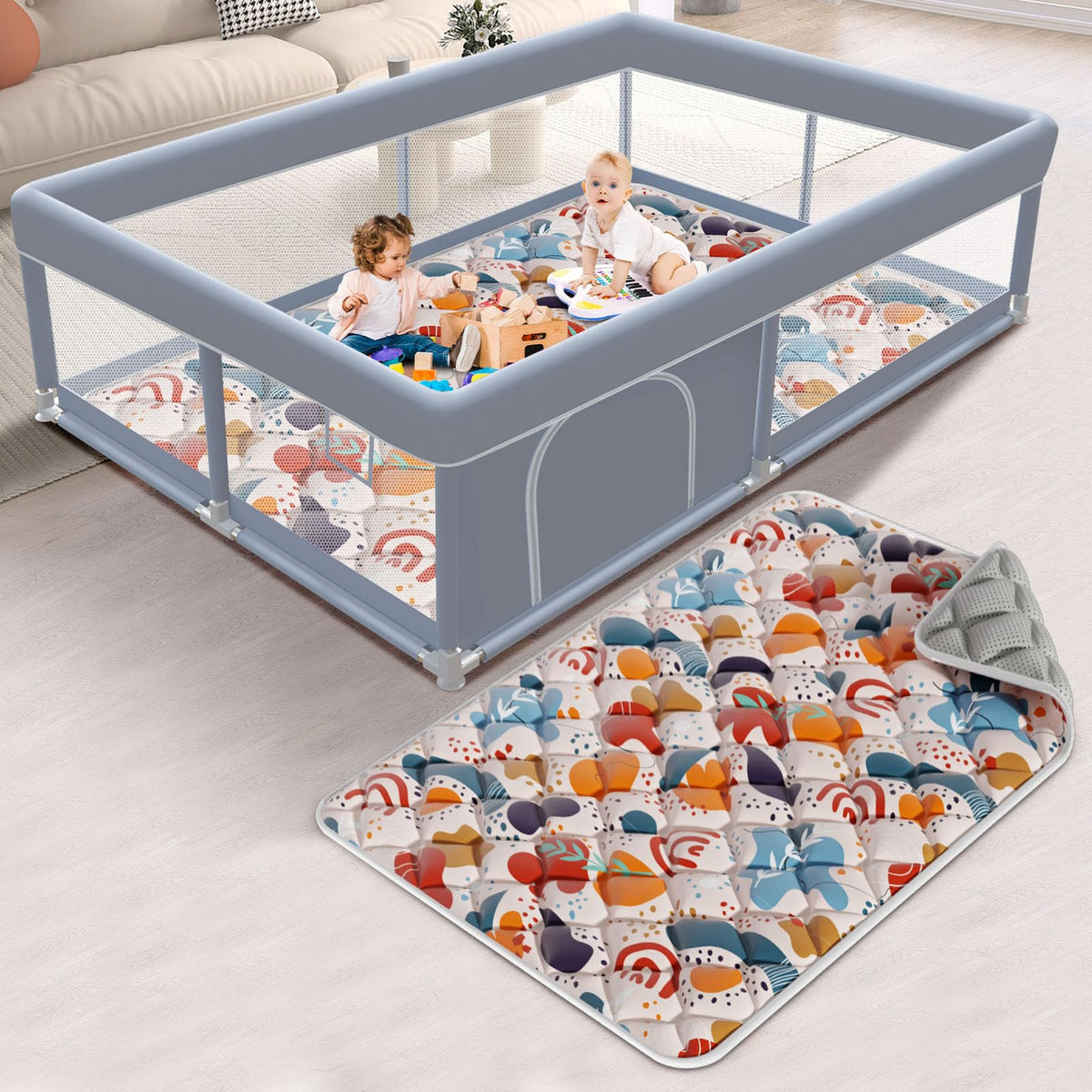 XVISHX baby playpen setup in living room for safe family playtime.