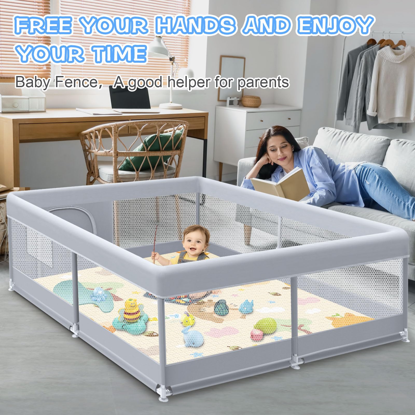 XVISHX baby playpen skin-friendly fabric keeps baby comfortable during play.